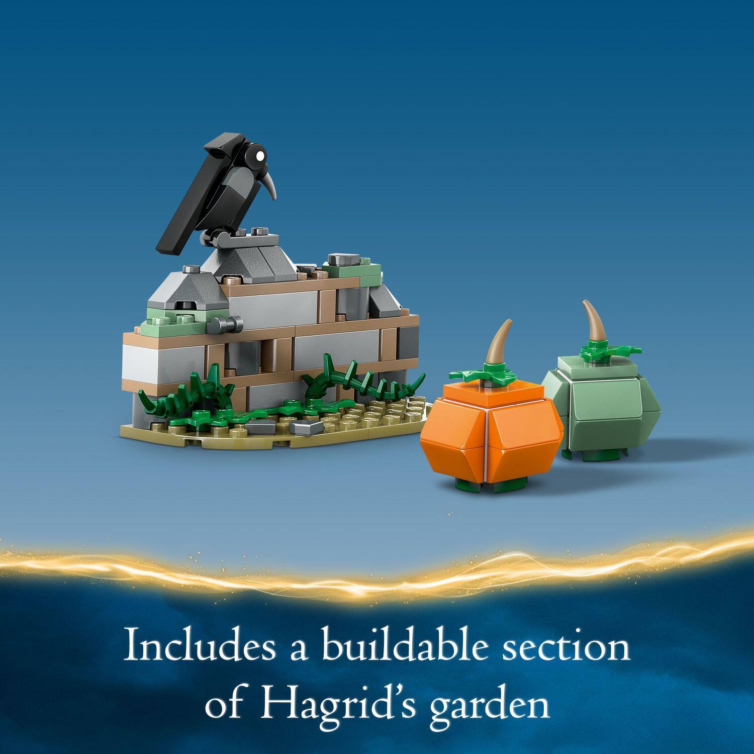 The image features a Lego model of Hagrid's garden, which includes a buildable section of the garden. The model is displayed on a blue background, and there are several small figures of people and animals, such as a bird and a pumpkin, placed throughout the scene. The Lego model showcases the intricate details and creativity of the design, making it an appealing display for fans of the Harry Potter series.