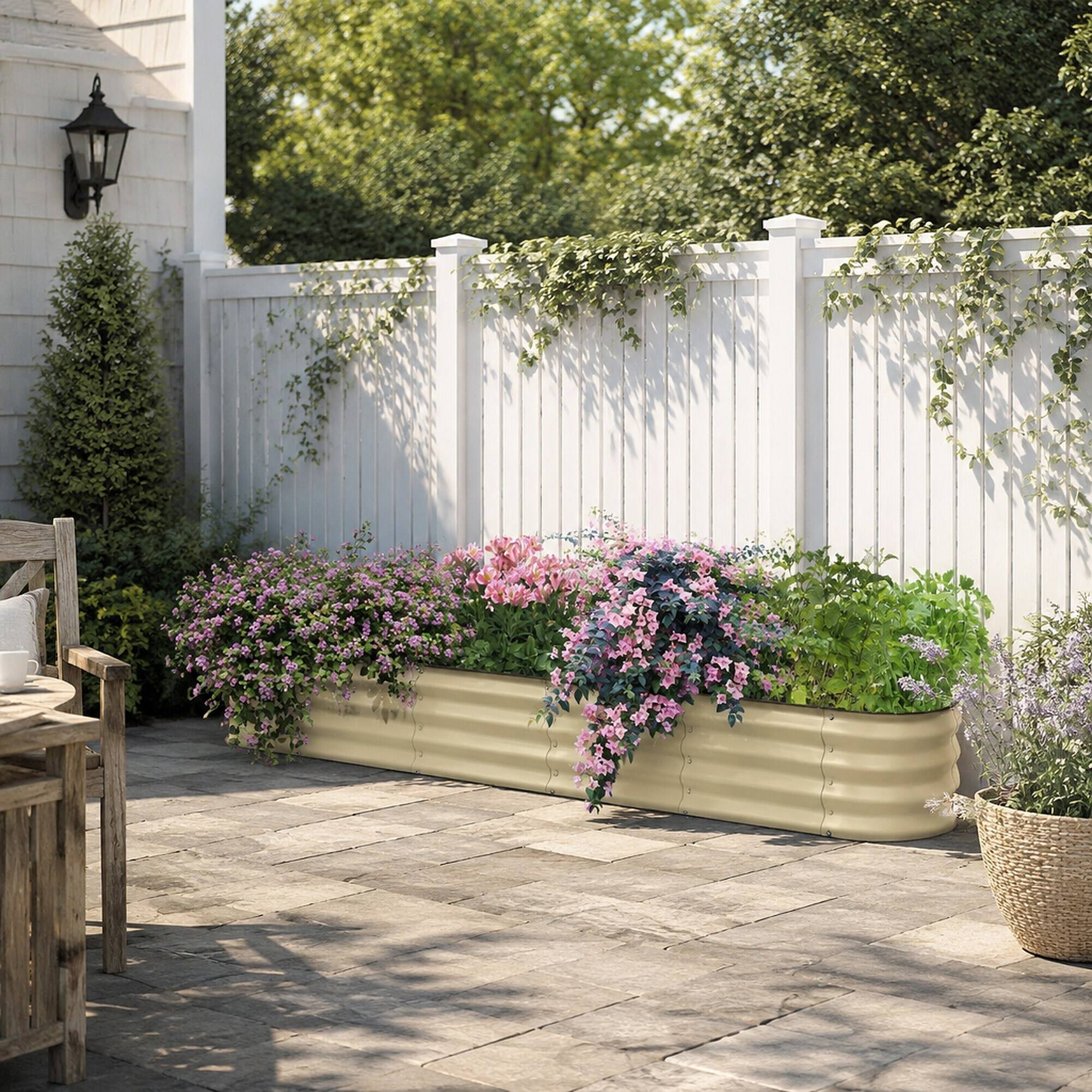 Back. RYHNUYNE - Galvanized Raised Garden Bed Kit 7.9' x 2' x 1' Metal Planter Box with Safety Edging for Vegetables Flowers Herbs - White.