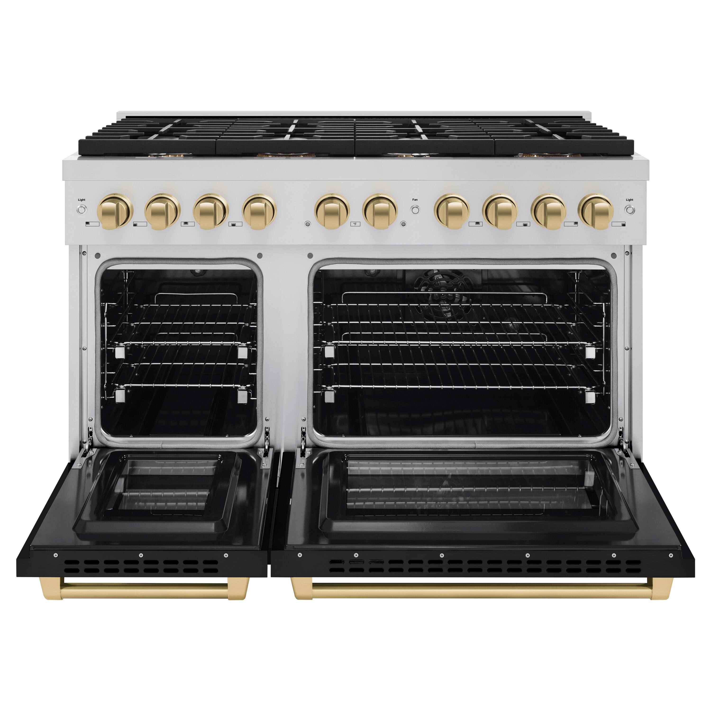 Angle. ZLINE - ZLINE Autograph 48" Paramount Double Oven Dual Fuel Range with Black and Bronze Accents (SDRZ-BLM-48-CB) - Black.