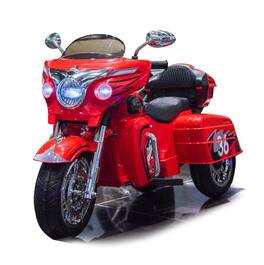 BreeBe - 12V Kids Electric Ride-On Motorcycle, Two Seats, Key Start, 3 Wheels, Headlight, Storage Box, Dual Motors - Red