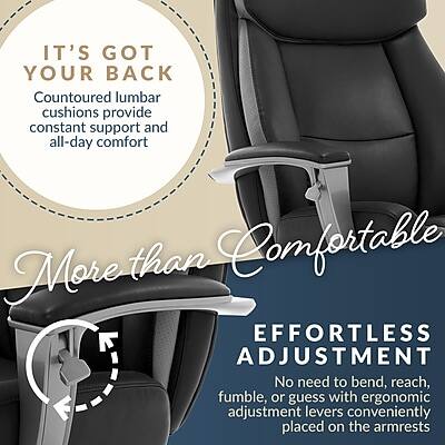 IT'S GOT YOUR BACK  
Countoured lumbar cushions provide constant support and all-day comfort  

More than Comfortable  

EFFORTLESS ADJUSTMENT  
No need to bend, reach, fumble, or guess with ergonomic adjustment levers conveniently placed on the armrests
