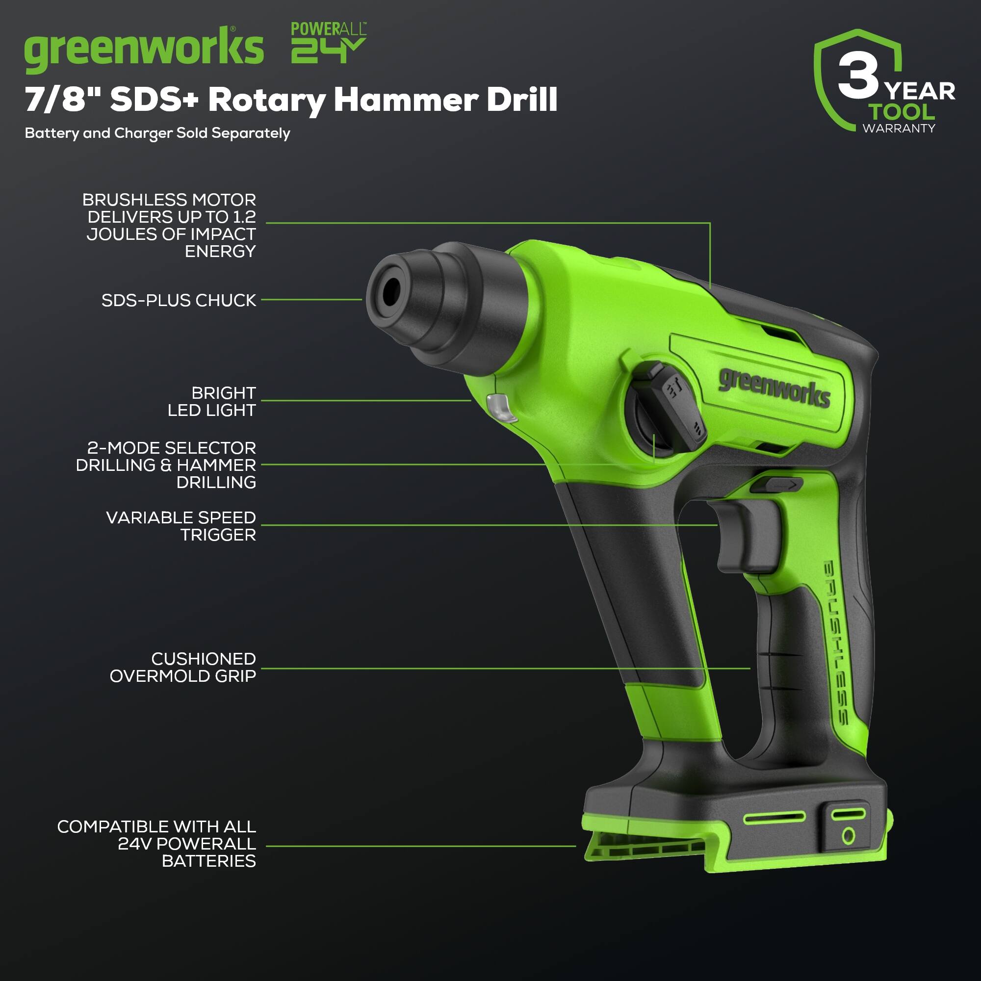 POWERALL greenworks 24V 7/8" SDS+ Rotary Hammer Drill Battery and Charger Sold Separately 3 YEAR TOOL WARRANTY BRUSHLESS MOTOR DELIVERS UP TO 1.2 JOULES OF IMPACT ENERGY SDS-PLUS CHUCK BRIGHT LED LIGHT 2-MODE SELECTOR DRILLING & HAMMER DRILLING VARIABLE SPEED TRIGGER CUSHIONED OVERMOLD GRIP 59 greenworks e COMPATIBLE WITH ALL 24V POWERALL BATTERIES