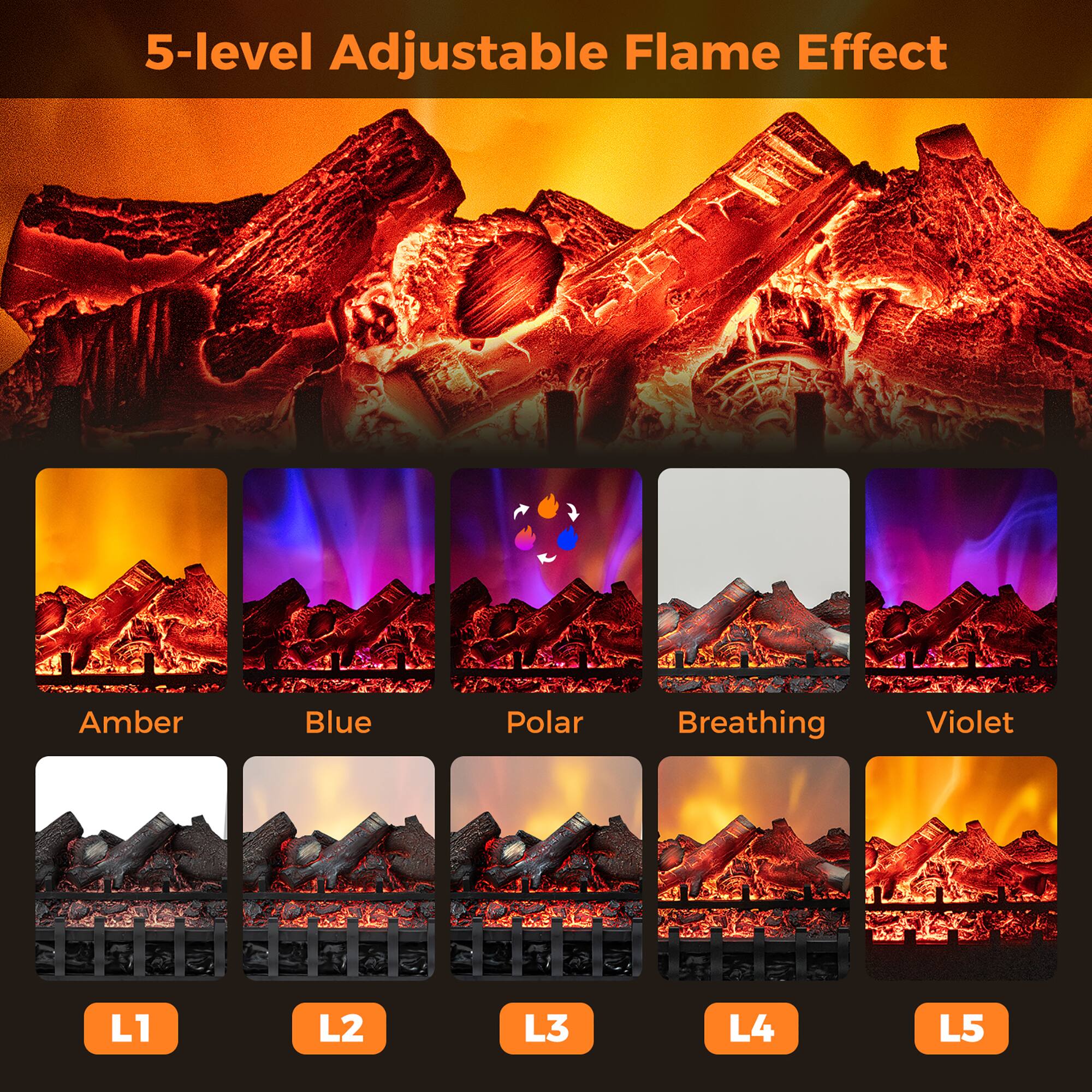 5-level Adjustable Flame Effect

Amber Blue Polar Breathing Violet

L1 L2 L3 L4 L5