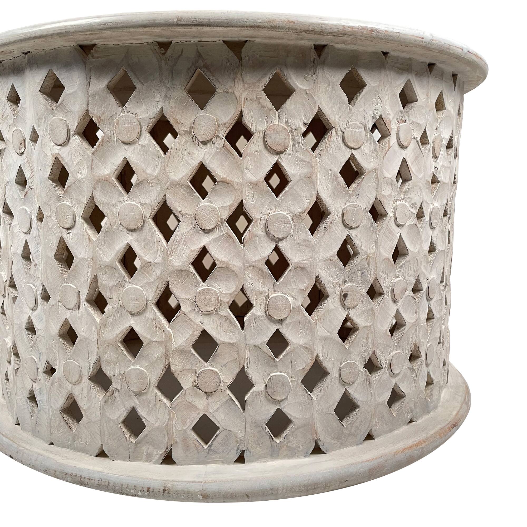 Alt View 4. Manhattan Lane - Cato 28 Inch Artisanal Round Mango Wood Coffee Table, Intricate Diamond Lattice Cut Out Frame - White.