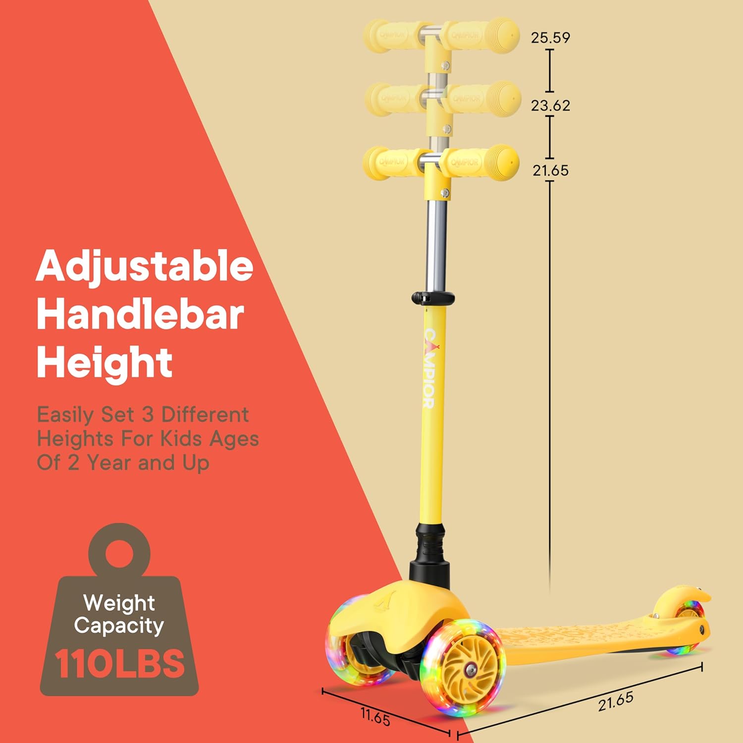 Adjustable Handlebar Height

Easily Set 3 Different Heights For Kids Ages Of 2 Year and Up

Weight Capacity 110LBS

25.59

23.62

21.65

11.65