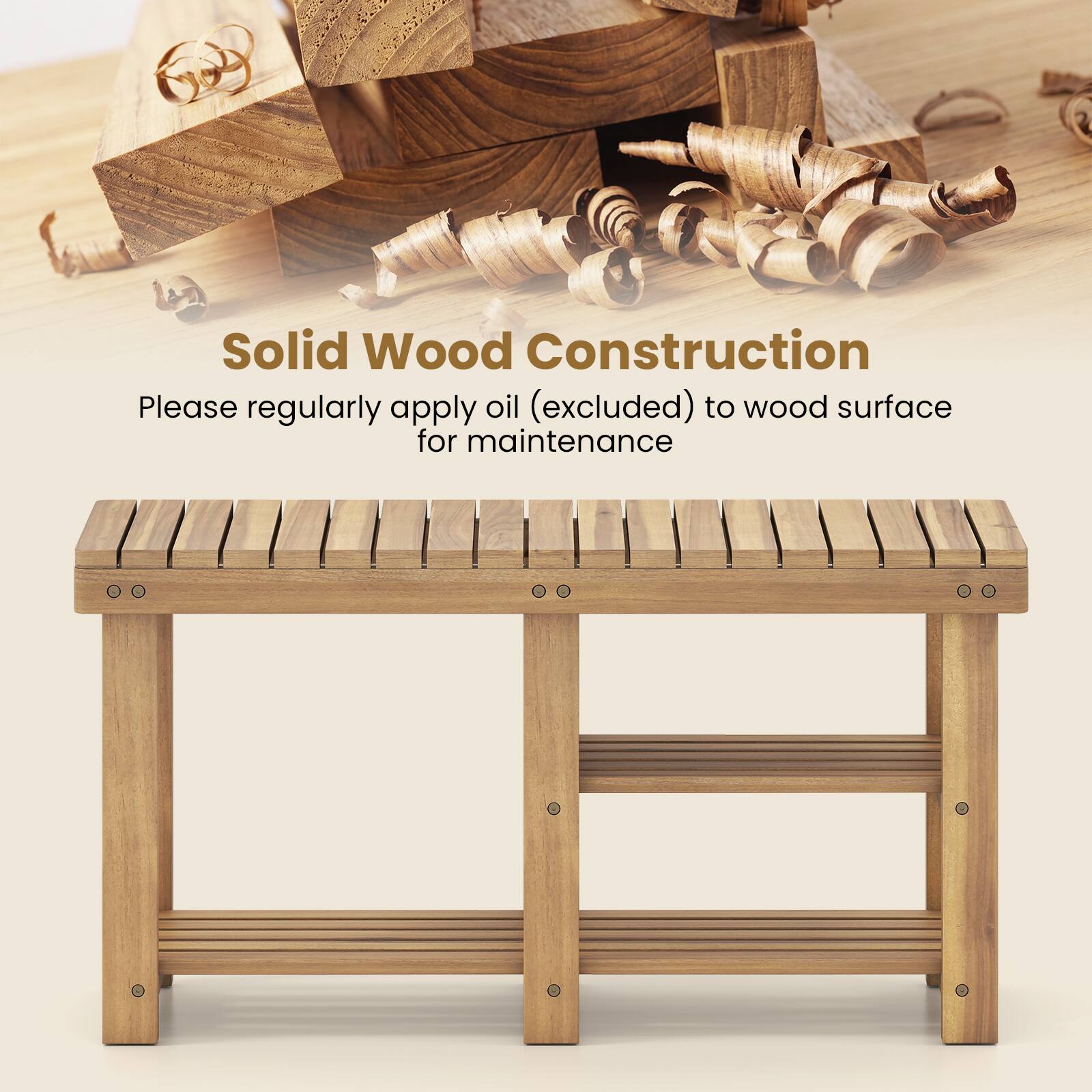 Solid Wood Construction

Please regularly apply oil (excluded) to wood surface for maintenance