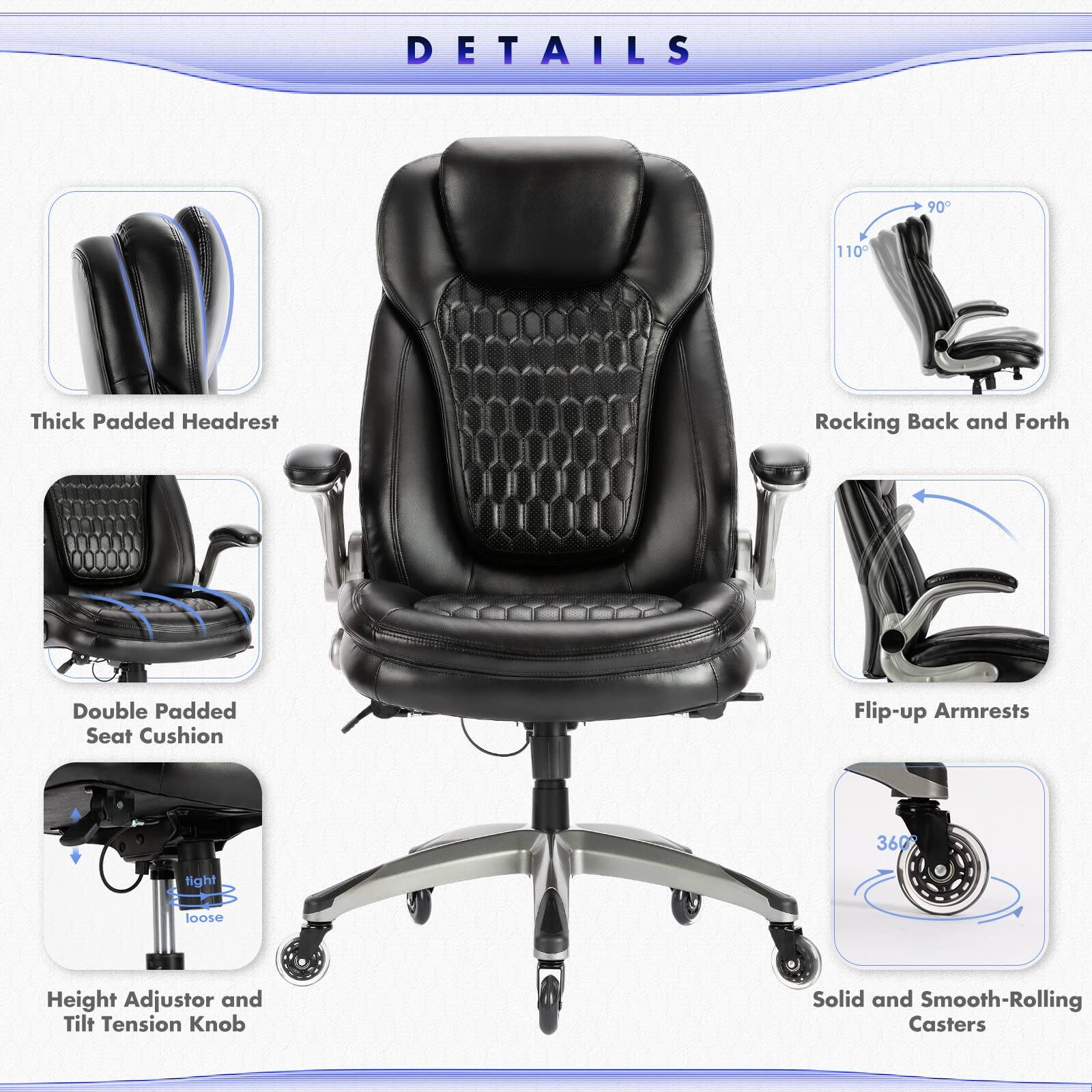 DETAILS

- Thick Padded Headrest
- Rocking Back and Forth
- Double Padded Seat Cushion
- Flip-up Armrests
- Height Adjustor and Tilt Tension Knob
- Solid and Smooth-Rolling Casters