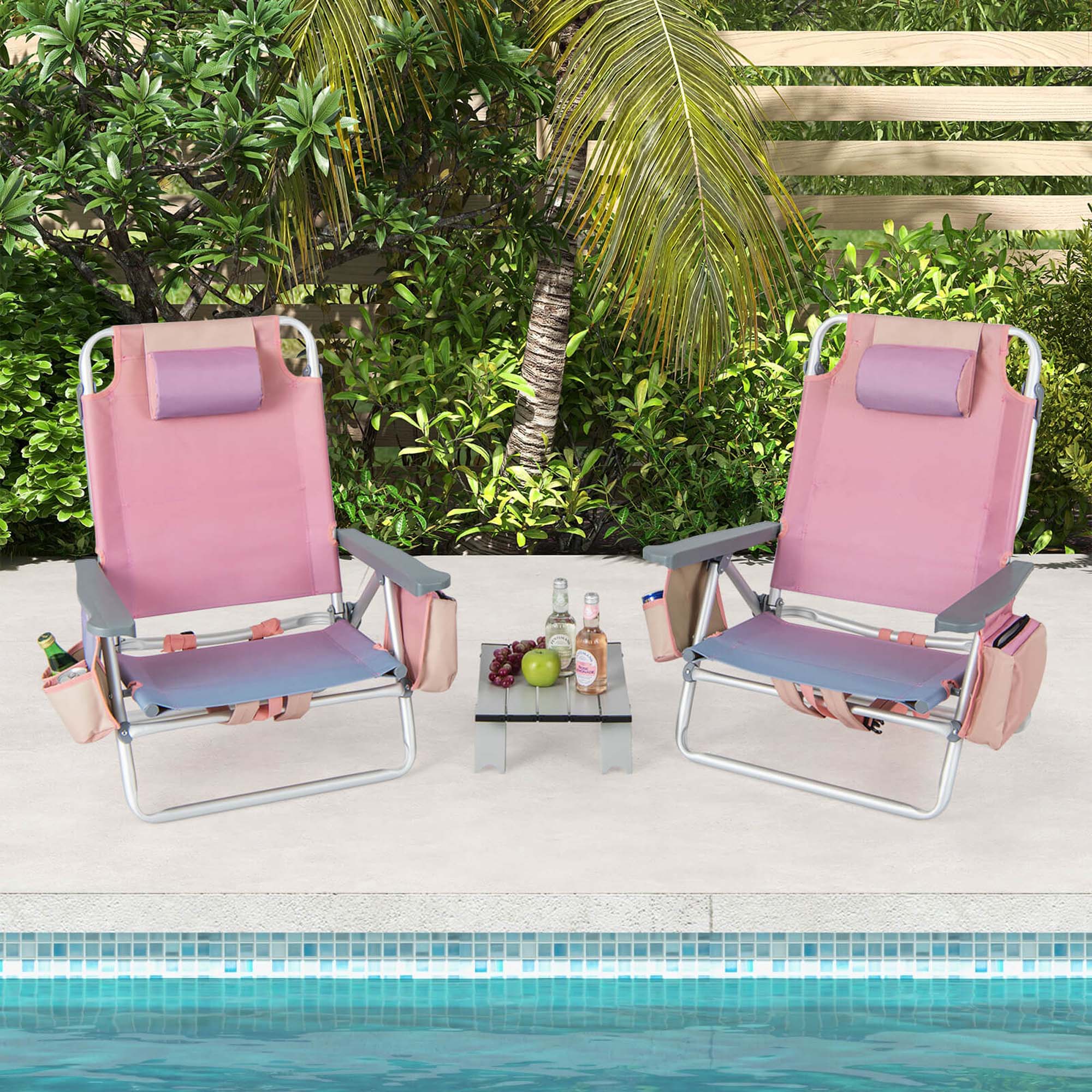 Alt View 1. Costway - Costway 2-Pack Folding Backpack Beach Chair Table Set 5-Position Outdoor Reclining Chair - Pink.