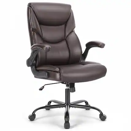 Front. AOITUN - Computer Gaming Chair, Ergonomic High Back Office Chairs with Wheels, Flip-up Arms, Adjustable Height, PU Leather, Brown - Brown.