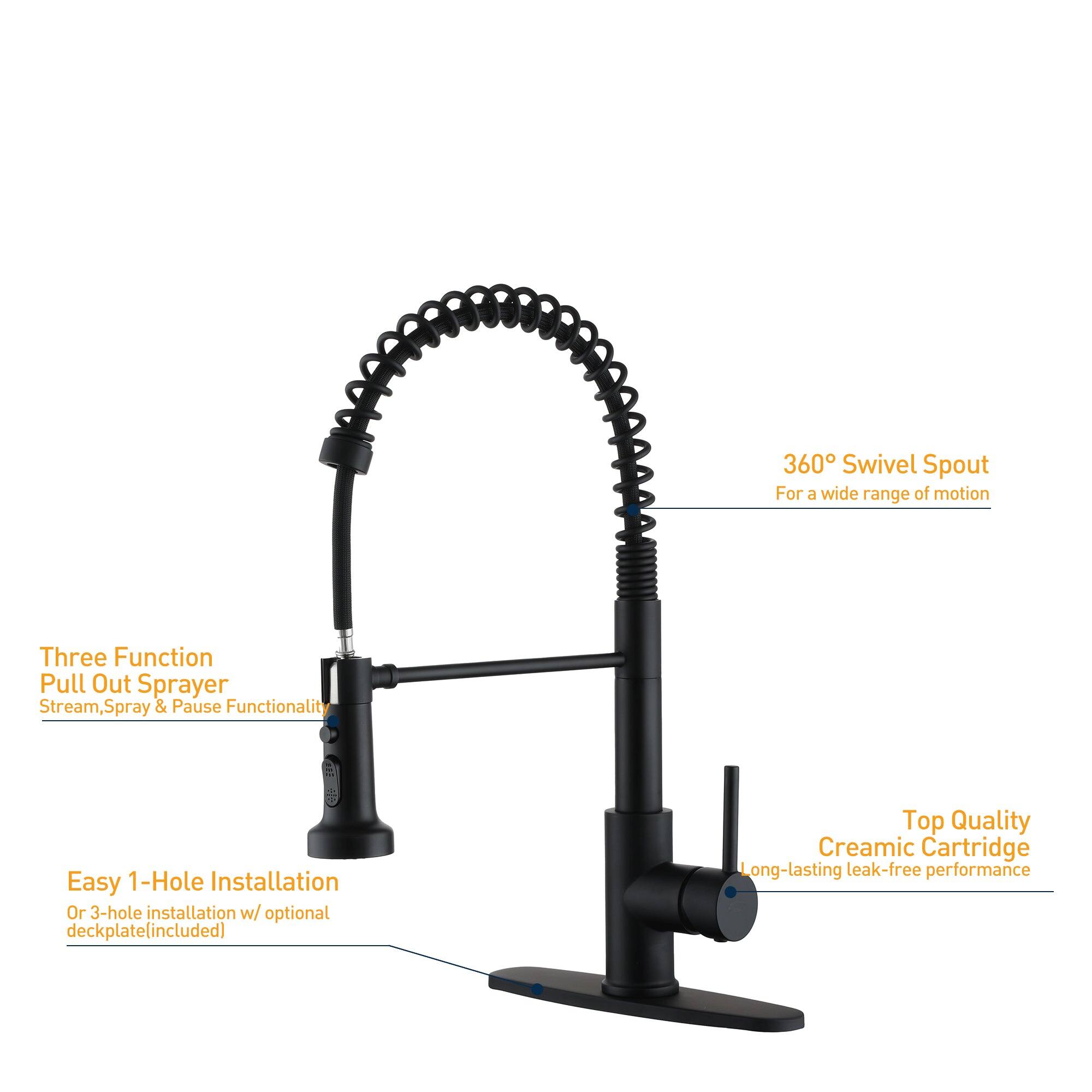 Three Function Pull Out Sprayer
Stream, Spray & Pause Functionality
Easy 1-Hole Installation
Or 3-hole installation w/ optional deckplate (included)
360° Swivel Spout
For a wide range of motion
Top Quality Creamic Cartridge
Long-lasting leak-free performance