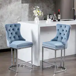 Loheer - 26 Inch Counter Height Bar Stools Set of 2 Velvet Kitchen Island Chairs with Chromed Metal Base - Light Blue