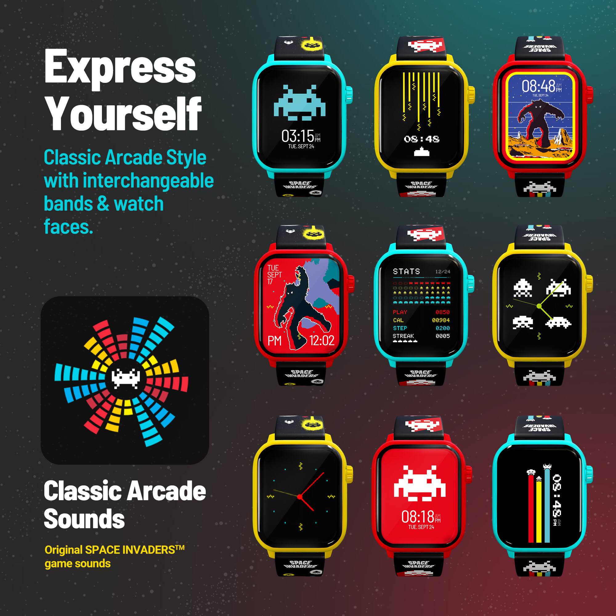 Express Yourself  
Classic Arcade Style with interchangeable bands & watch faces.

Classic Arcade Sounds  
Original SPACE INVADERS™ game sounds