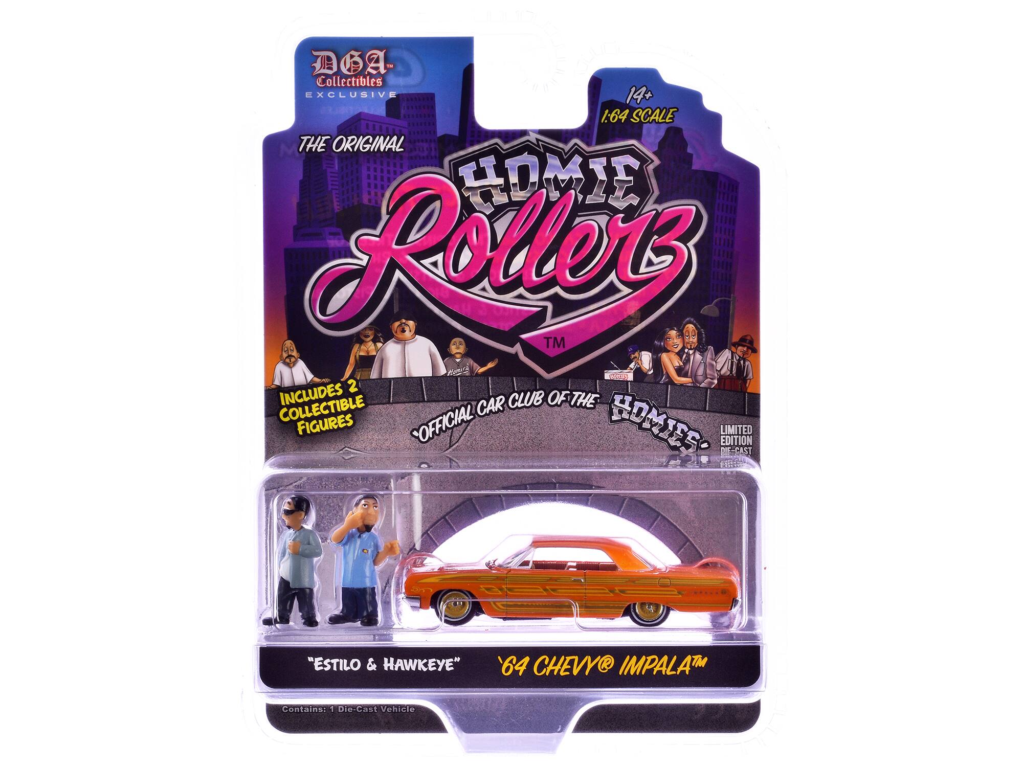 DOA Collectibles EXCLUSIVE 14+ 1:64 SCALE THE ORIGINAL HOMIE Rollerz™ INCLUDES 2 COLLECTIBLE FIGURES OFFICIAL HOMIES LIMITED EDITION MIE-CAST 15: "ESTILO & HAWKEYE" 64 CHEVY IMPALATM Contains: - Die-Cast Vehicle