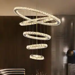 Siljoy - 118" 5-Ring Modern Crystal LED Chandelier, 3 Color Temperature Adjustable Pendant Light for Foyer Staircase Living Room - Chrome