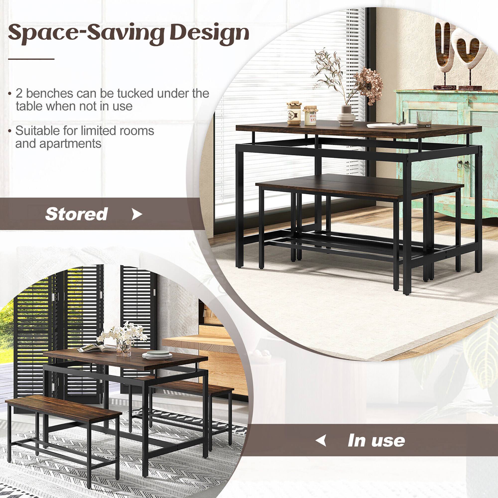 Space-Saving Design

- 2 benches can be tucked under the table when not in use
- Suitable for limited rooms and apartments

Stored

In use