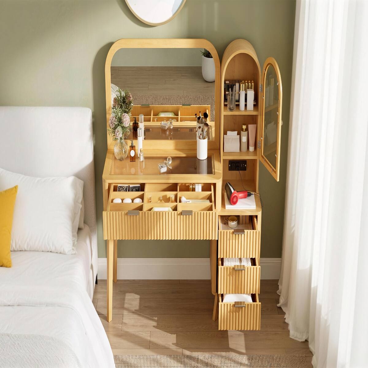 Alt View 6. Loheer - Loheer 48 inch makeup vanity desk with large 32 inch mirror, fluted design and charging station - Natural.