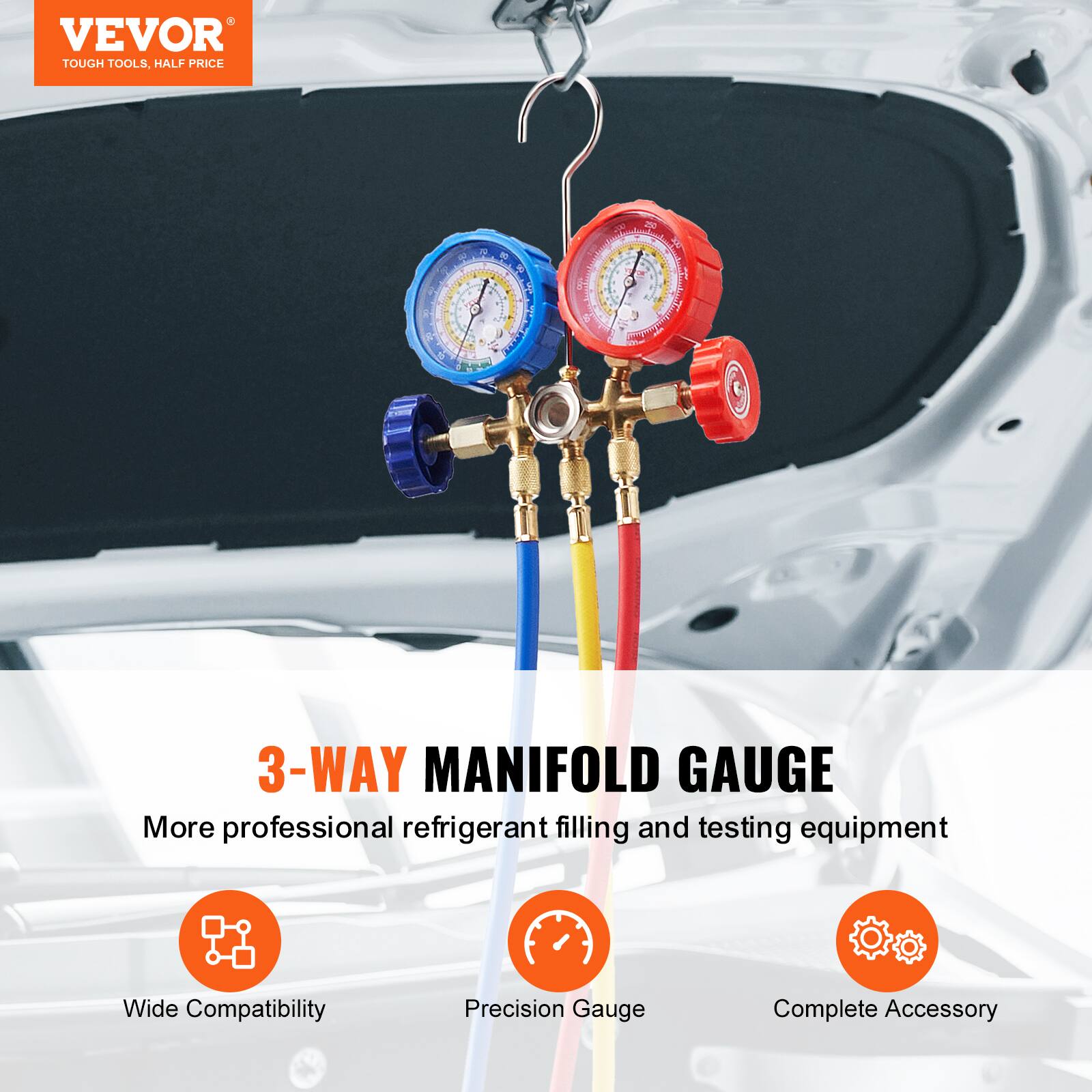 VEVOR TOUGH TOOLS, HALF PRICE

3-WAY MANIFOLD GAUGE

More professional refrigerant filling and testing equipment

Wide Compatibility
Precision Gauge
Complete Accessory