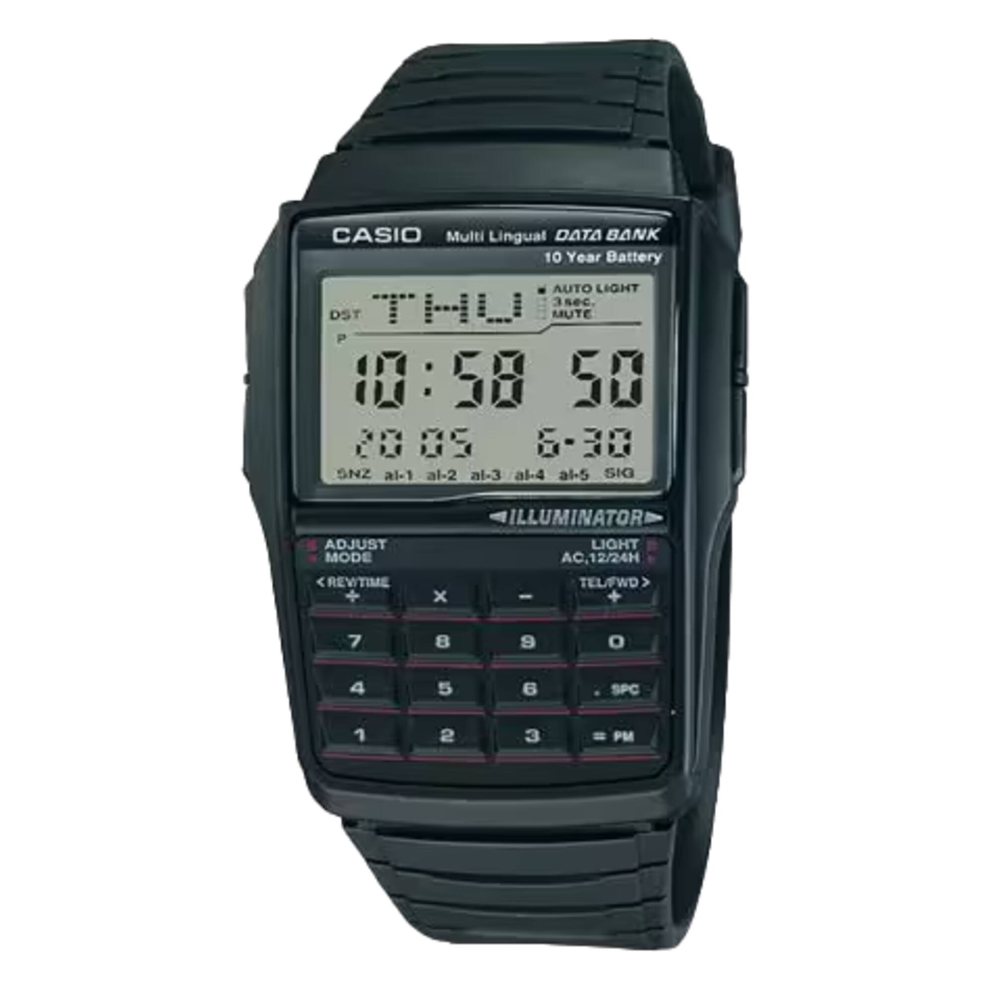 CASIO Multi Lingual DATA BANK  
10 Year Battery  
AUTO LIGHT  
3sec  
DST  
TML  
MUTE  
P  
1:58 50 20 09 6-30  
SNZ al-1 al-2 al-3 al-4 al-5  
SIG  
ADJUST MODE  
< REVITIME +  
ILLUMINATOR  
LIGHT AC.12/24H  
TEL/FWD  
7 8 9  
4 5 6  
1 2 3  
= PM