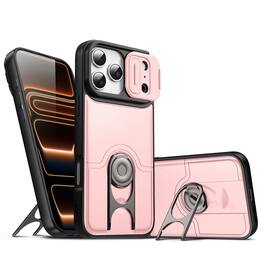 Dteck - Rugged Case for Apple iPhone 17 Pro Max with Slide Camera Cover & Adjustable Holder,Soft TPU+Hard PC Dual-Layer Cover - Pink