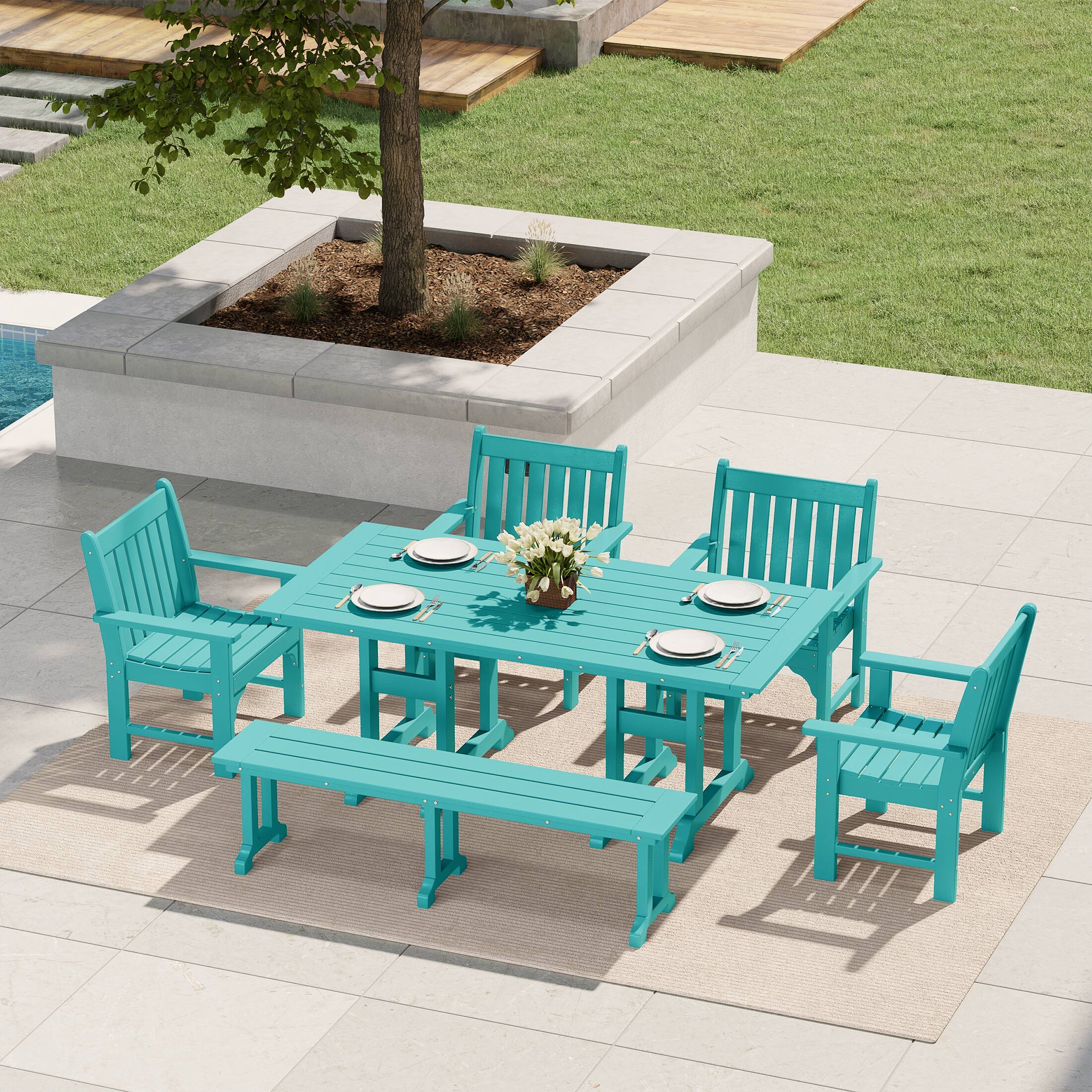 Angle. WestinTrends - WestinTrends Malibu 6-Piece HDPE Outdoor Rectangle Dining Patio Table and Chairs Set - Turquoise.