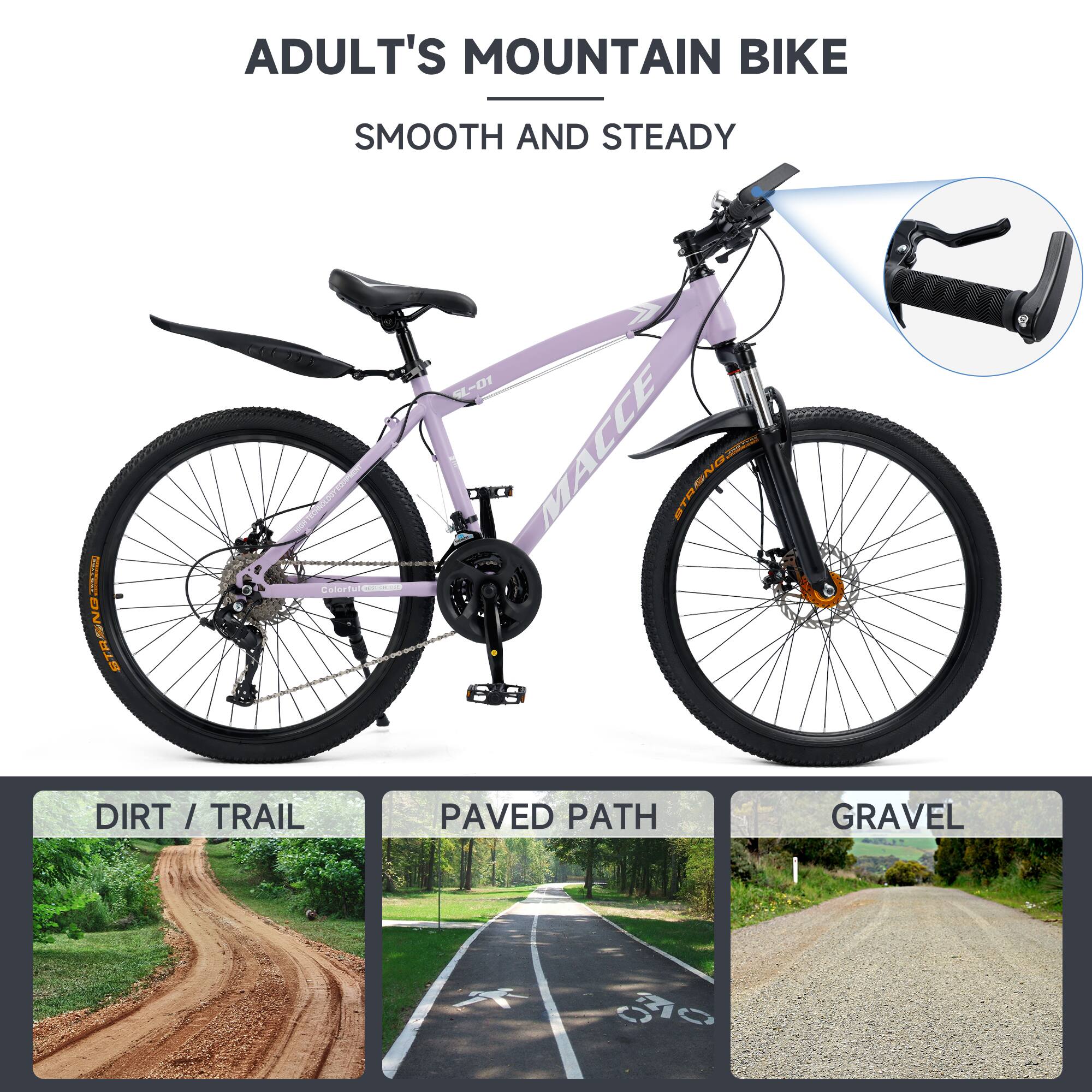 ADULT'S MOUNTAIN BIKE  
SMOOTH AND STEADY  

DIRT / TRAIL  
PAVED PATH  
GRAVEL