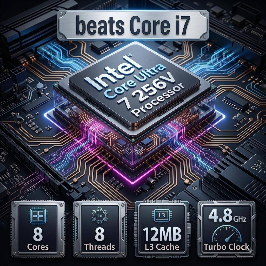 beats Core i7  
Intel Core 7 Ultra 256V Processor  
8 Cores  
8 Threads  
12MB L3 Cache  
4.8 GHz Turbo Clock