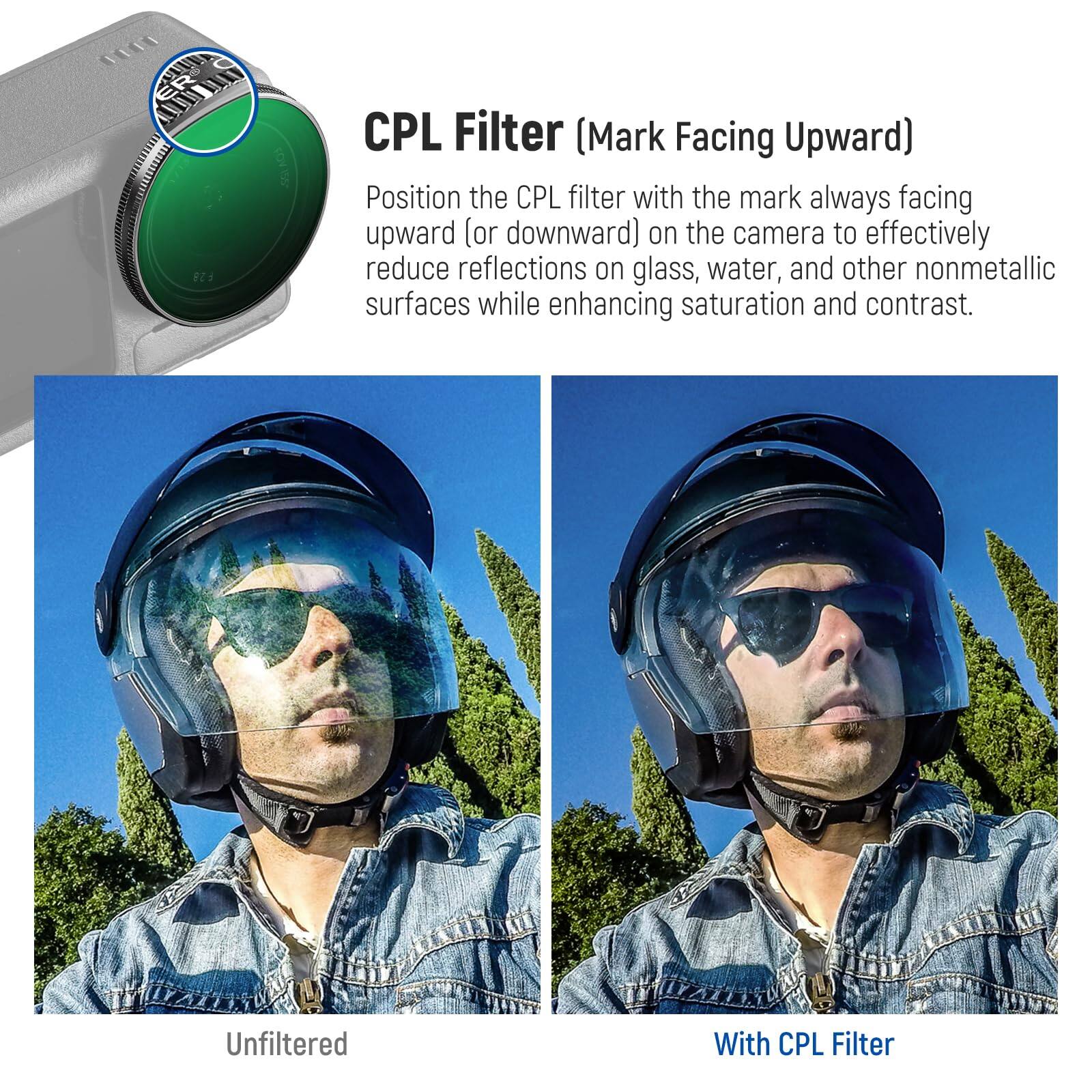 CPL Filter (Mark Facing Upward)

Position the CPL filter with the mark always facing upward (or downward) on the camera to effectively reduce reflections on glass, water, and other nonmetallic surfaces while enhancing saturation and contrast.

Unfiltered

With CPL Filter