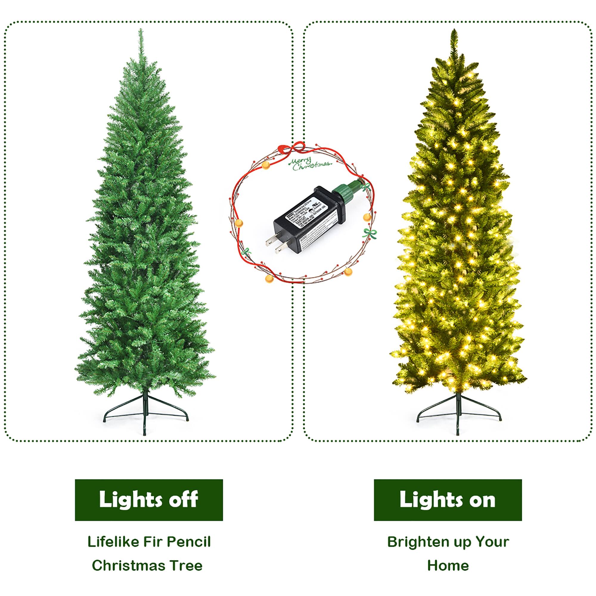 Users can choose between two different Christmas tree options: lights off and lights on. The lights off option features a lifelike fir pencil Christmas tree, while the lights on option presents a brightly lit tree. Both options aim to brighten up your home during the holiday season.