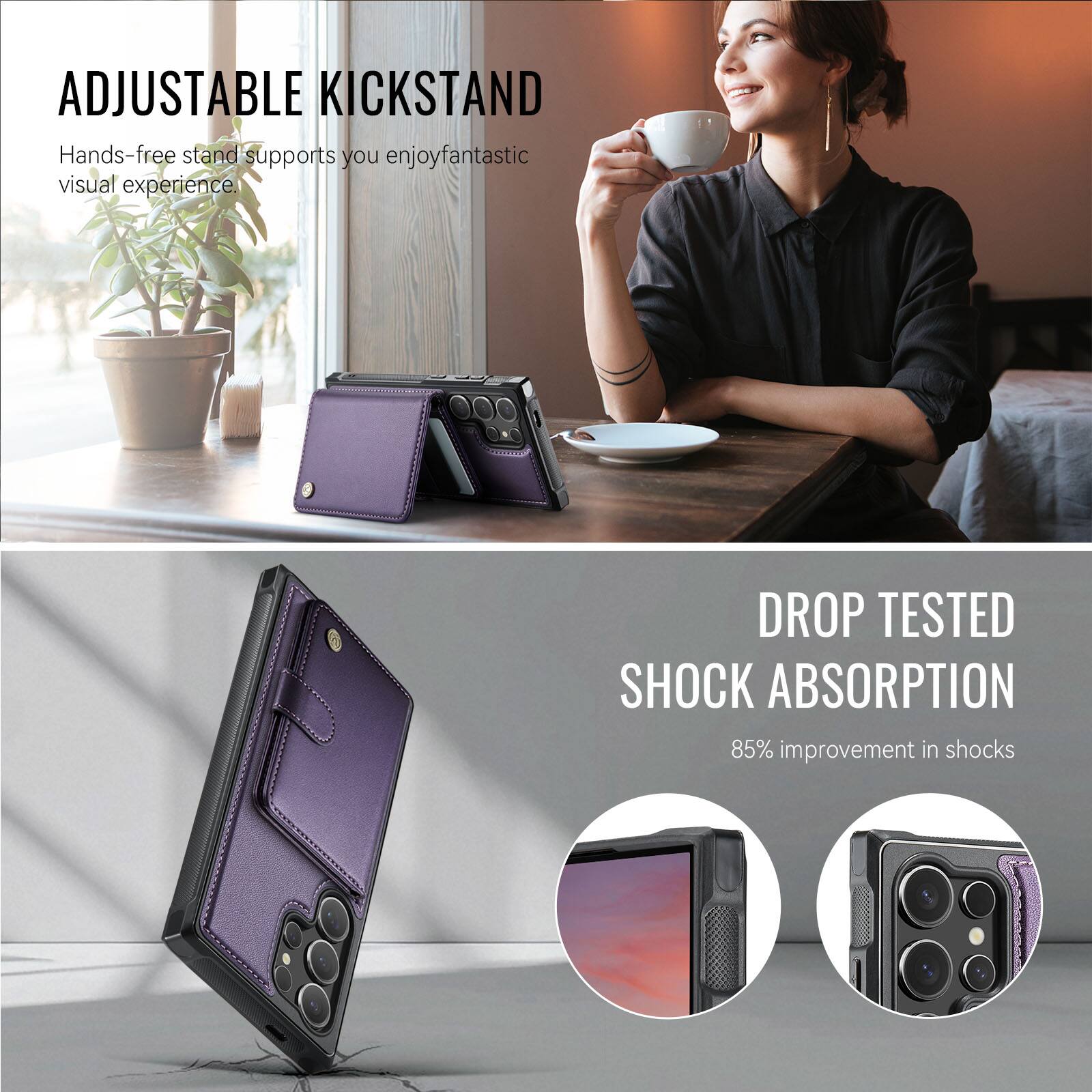 ADJUSTABLE KICKSTAND  
Hands-free stand supports you enjoy fantastic visual experience.  

DROP TESTED SHOCK ABSORPTION  
85% improvement in shocks
