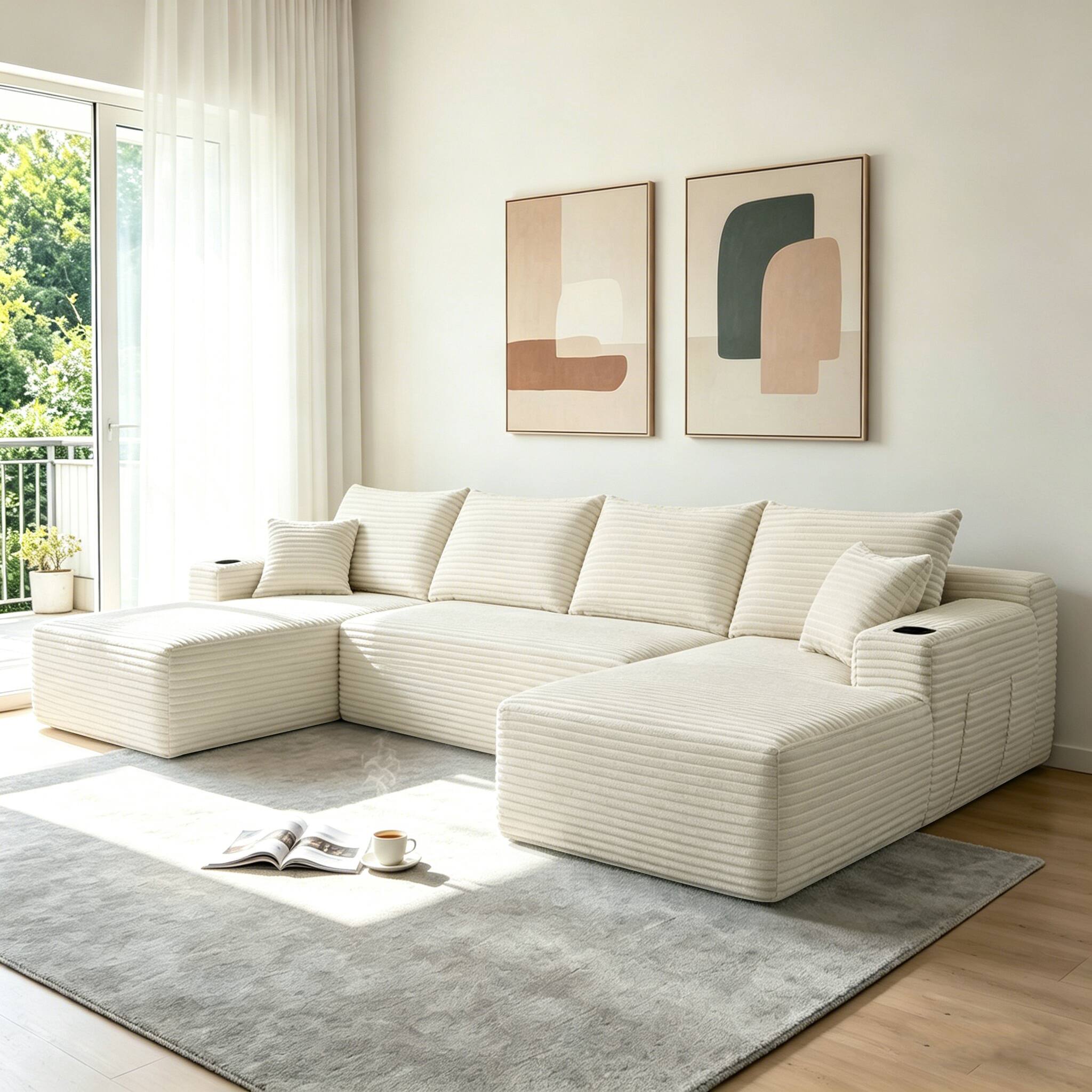 Front. Anysun - 134" Cloud Sectional Sofa, U-Shape Chaise, Side Pockets & Cup Holder, Modern Modular, Deep Seating, No Assembly - White.