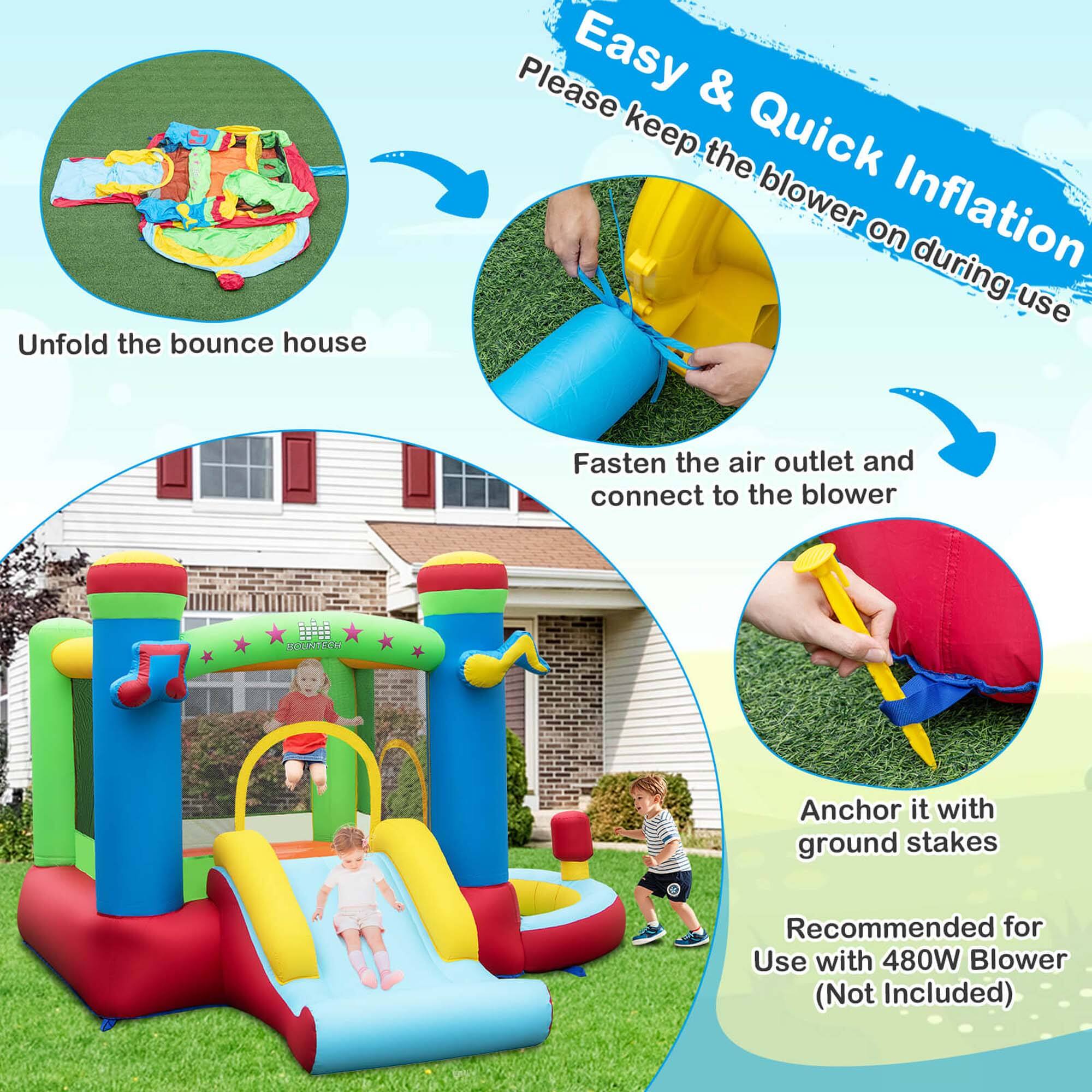 Unfold the bounce house, please. Keep the Quick Blower Inflation on during use. Fasten the air outlet and connect to the blower. Blunt the edges to anchor it with ground stakes. Recommended for use with a 480W Blower (not included).