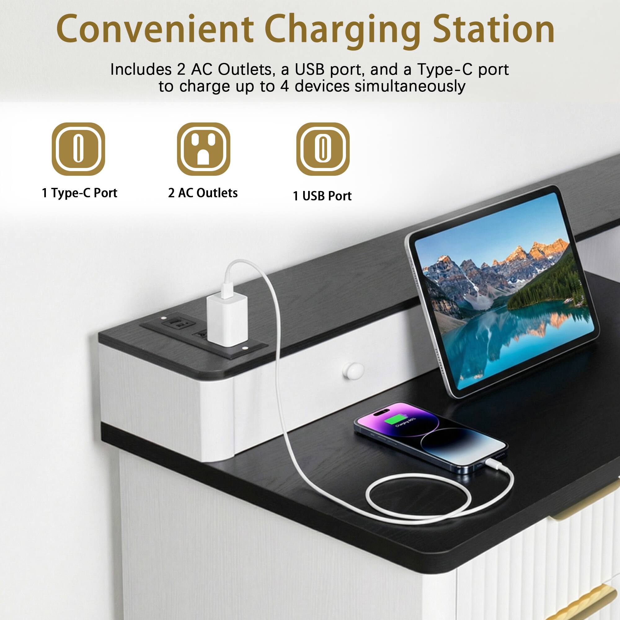 Convenient Charging Station  
Includes 2 AC Outlets, a USB port, and a Type-C port to charge up to 4 devices simultaneously  

1 Type-C Port  
2 AC Outlets  
1 USB Port