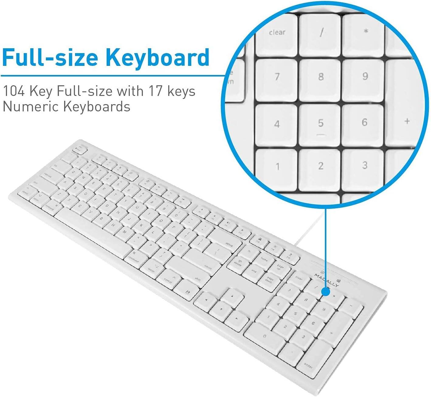 The text on the image is:

"Full-size Keyboard
104 Key Full-size with 17 keys Numeric Keyboards"

The text provided in the image is already correct and grouped properly.