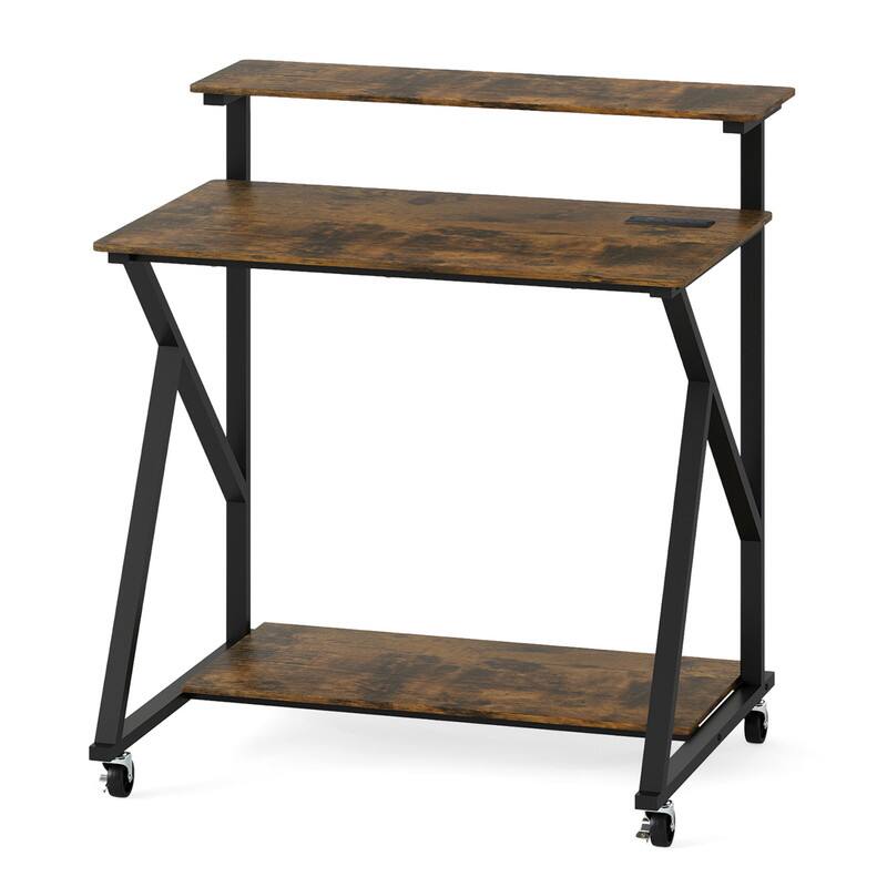 Alt View 4. WELLFOR - 32" Rolling Computer Desk with Charging Station, Mobile Laptop PC Work Table with Storage Shelf for Small Spaces - Rustic Brown.