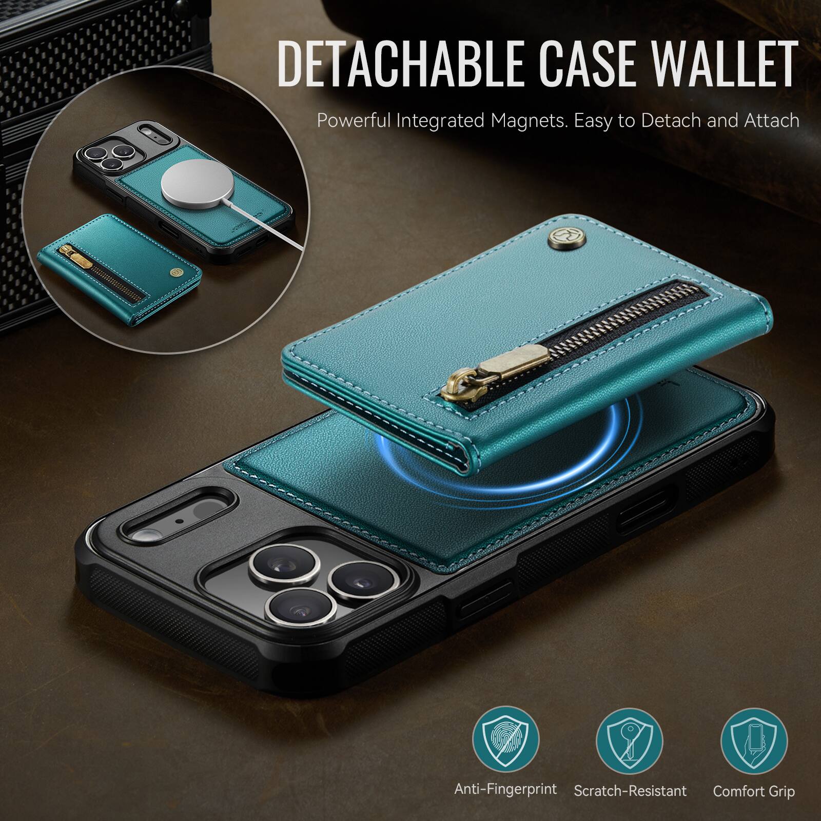 DETACHABLE CASE WALLET  
Powerful Integrated Magnets. Easy to Detach and Attach  

Anti-Fingerprint  
Scratch-Resistant  
Comfort Grip