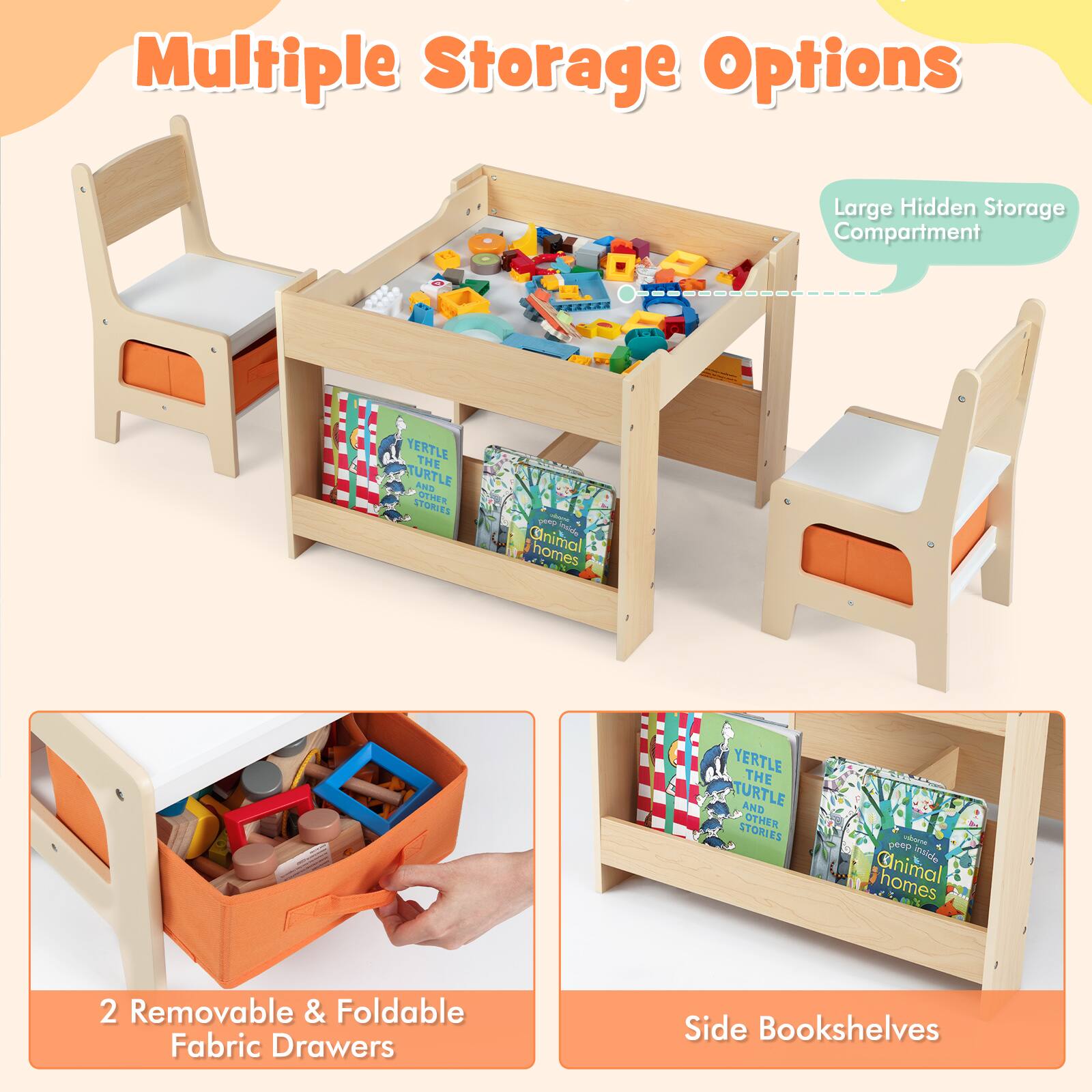 Multiple Storage Options

- Large Hidden Storage Compartment
- 2 Removable & Foldable Fabric Drawers
- Side Bookshelves