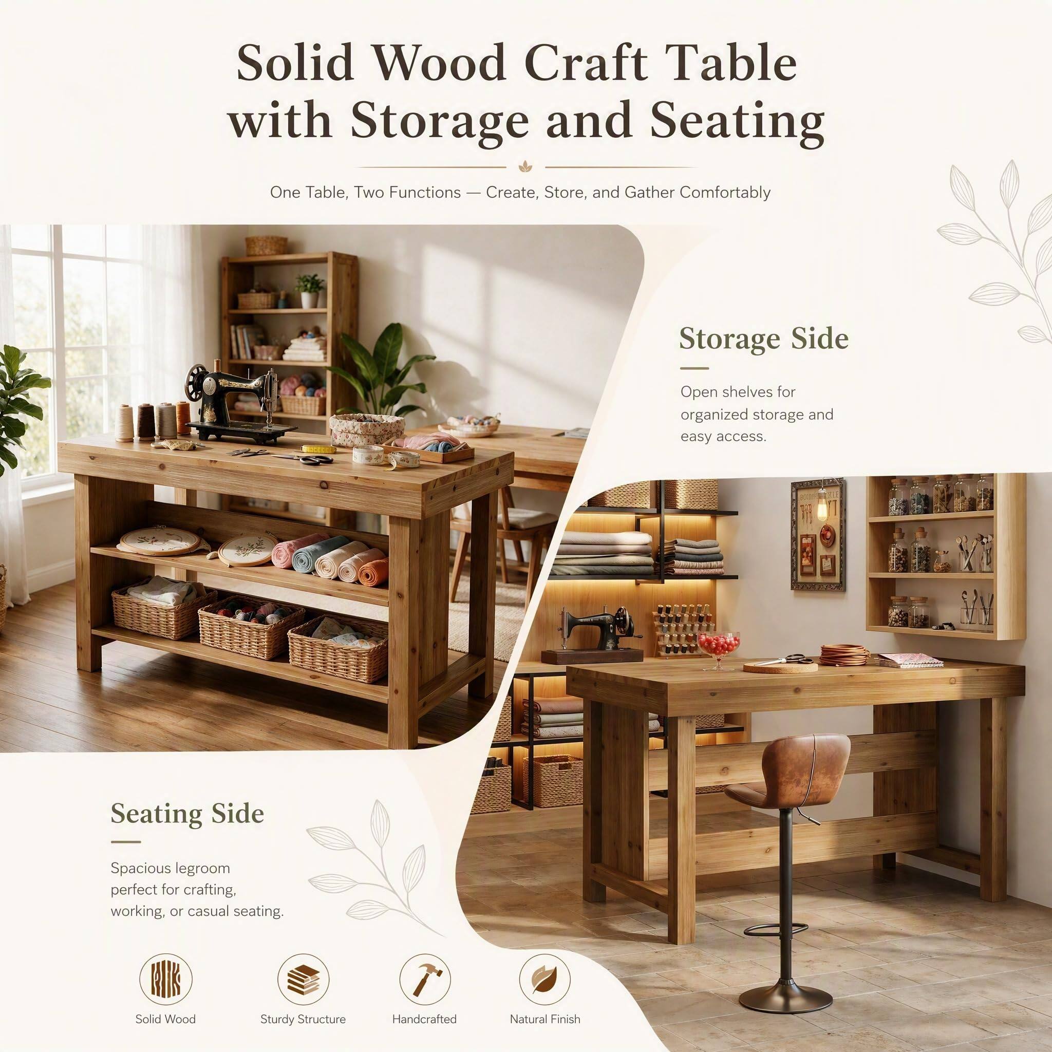 Solid Wood Craft Table with Storage and Seating

One Table, Two Functions — Create, Store, and Gather Comfortably

Storage Side
Open shelves for organized storage and easy access.

Seating Side
Spacious legroom perfect for crafting, working, or casual seating.

Solid Wood
Sturdy Structure
Handcrafted
Natural Finish