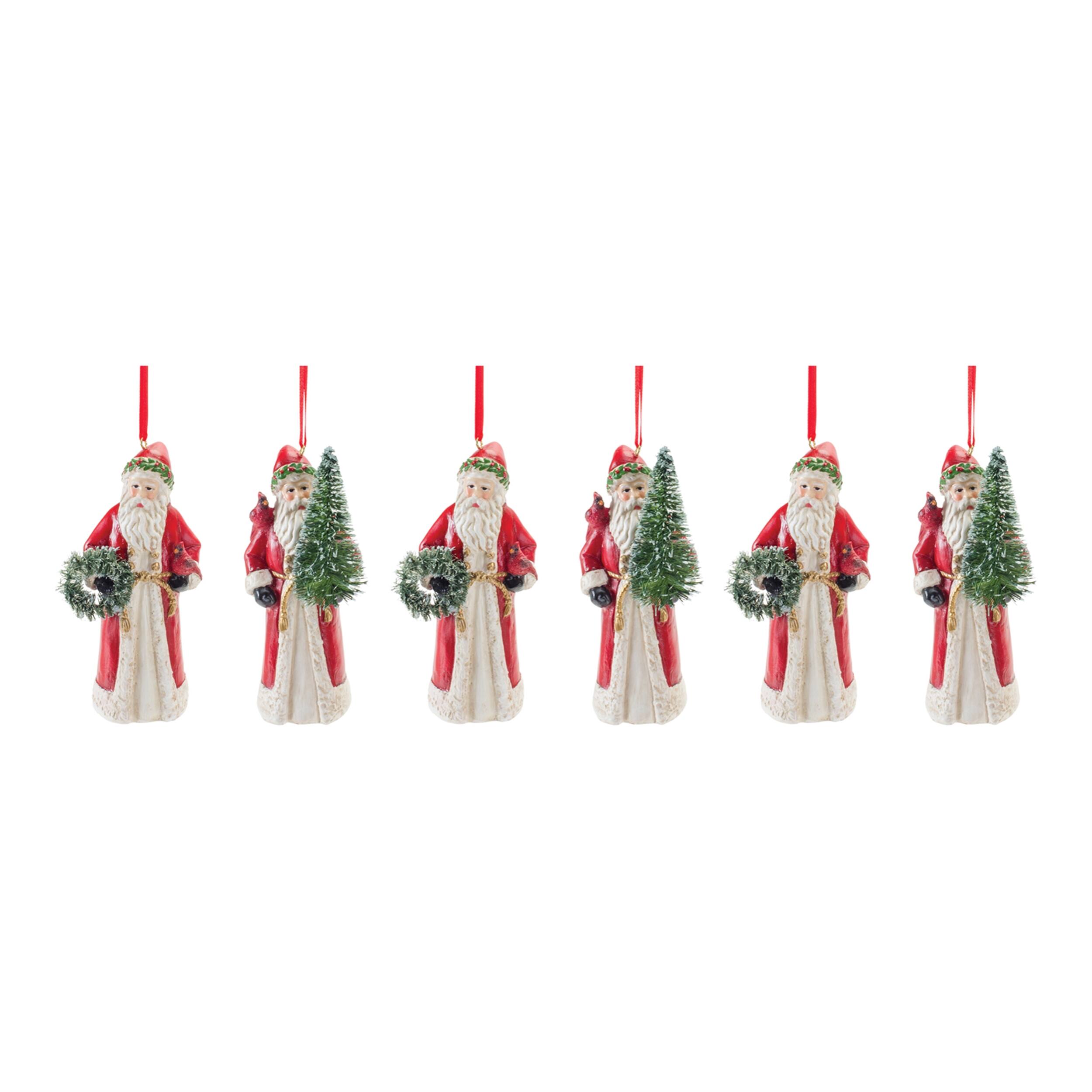 Alt View 2. BreeBe - Santa with Cardinal Bird Ornament (Set of 6) - Red, Green, White.