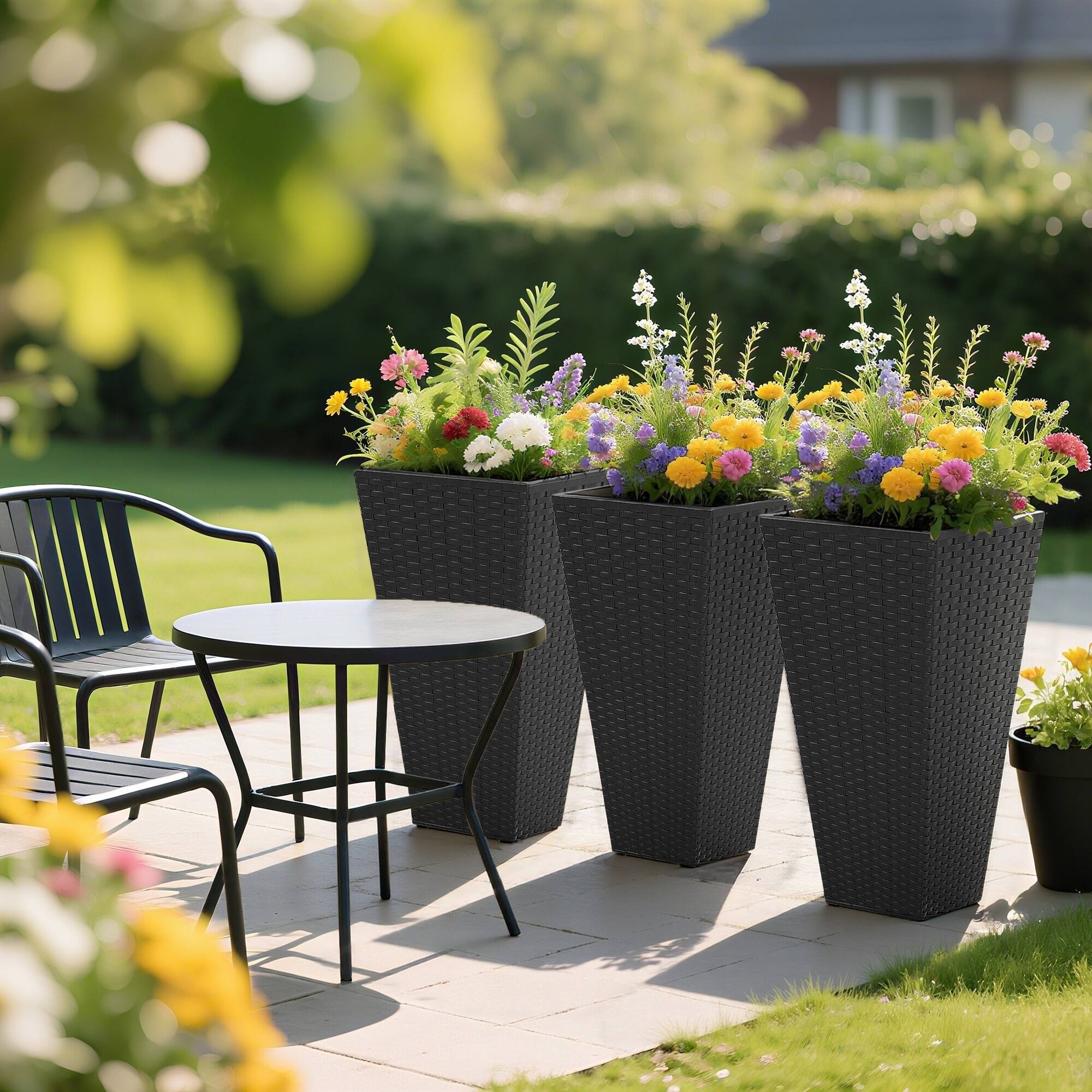 Alt View 7. Outsunny - Tall Planters for Outdoor Plants Set of 3, 24 In Taper Planters with Drainage Holes, Rattan Decor Plant Pots - Black.