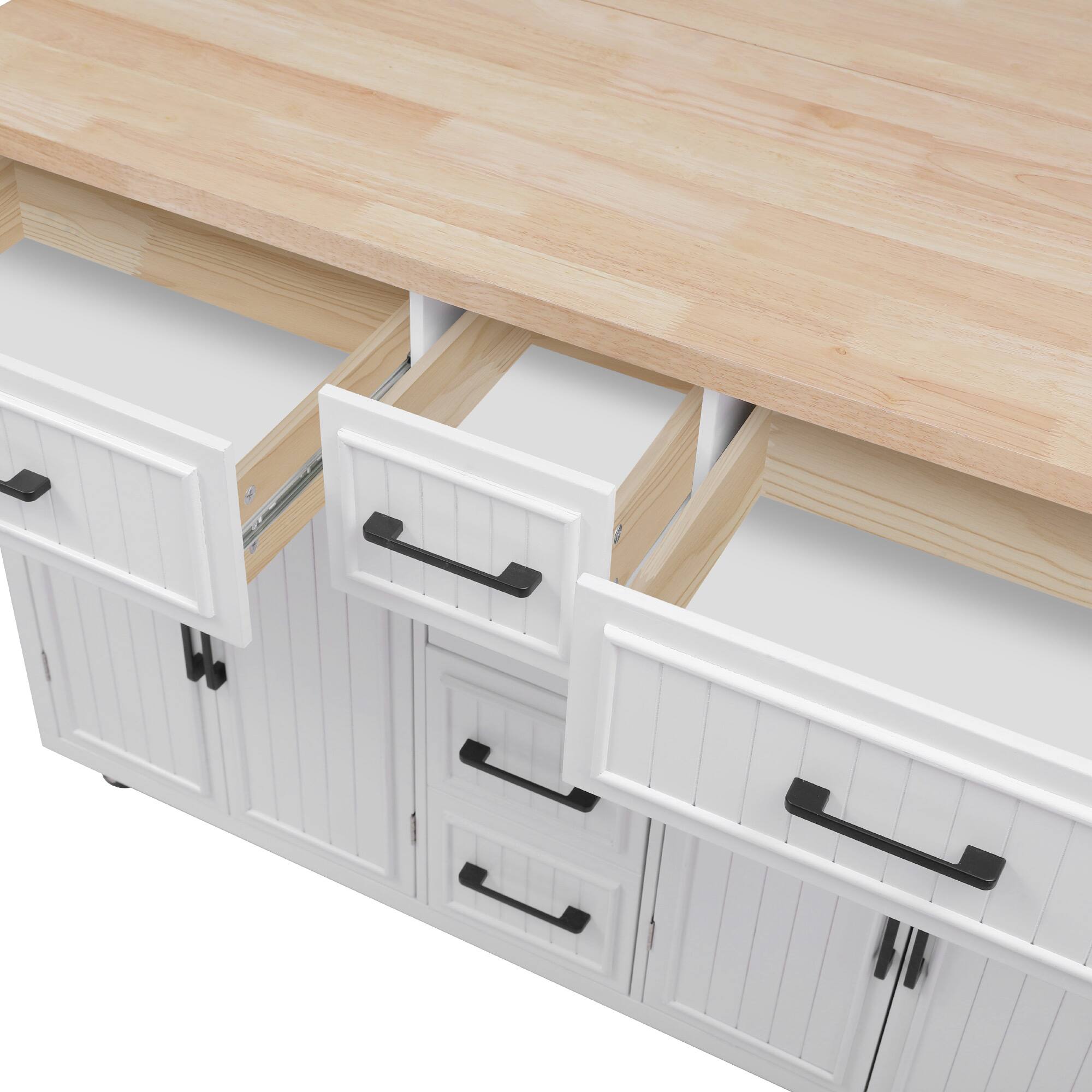 Alt View 3. Forest'nSky - 56.5" Rolling Kitchen Island with Drop Leaf, Power Outlet, Embossed Vertical Stripe, 4 Doors,White - White.