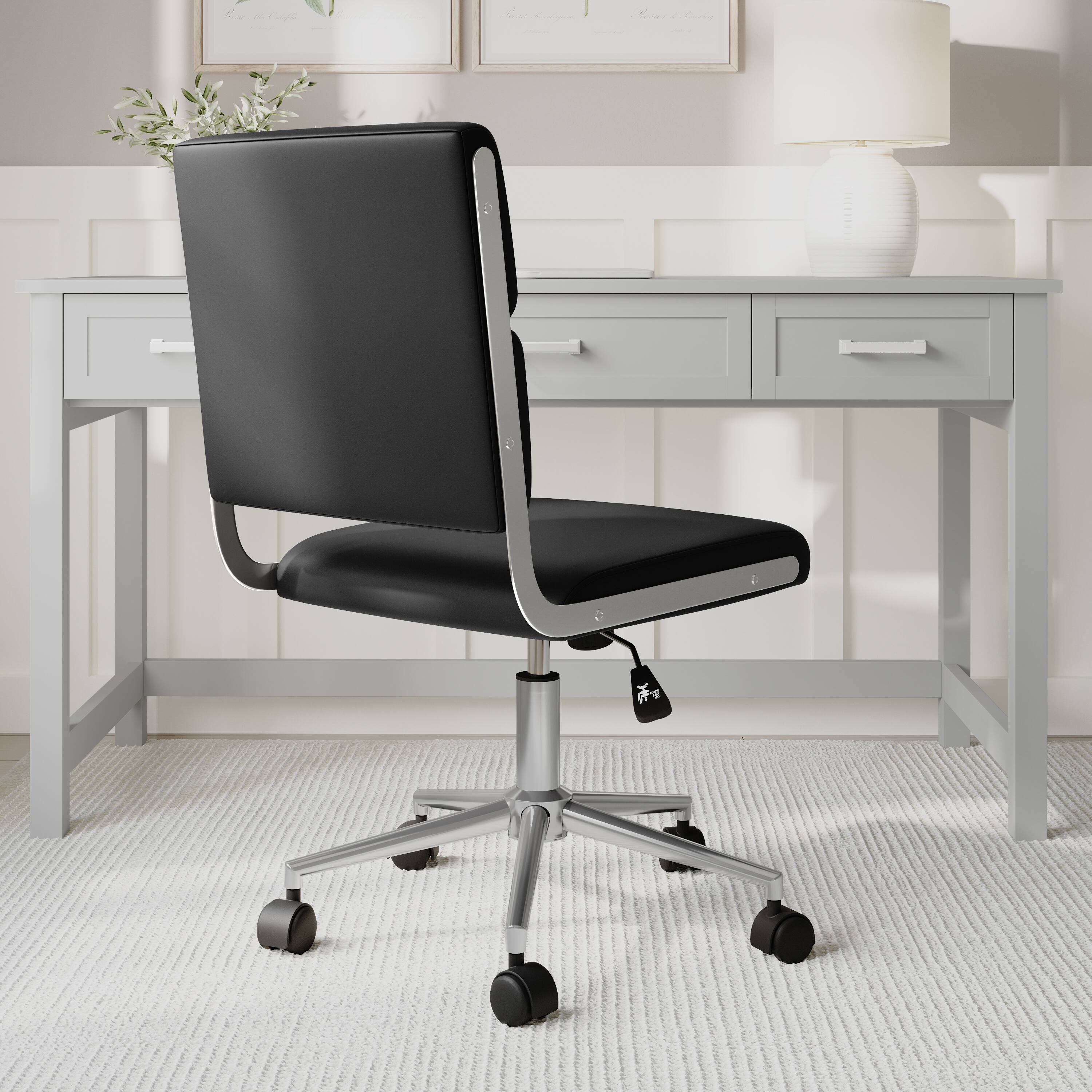 Alt View 5. Martha Stewart - Lulu Upholstered Height-Adjust Swivel Home Office Chair - Black Faux Leather/Polished Nickel Frame.