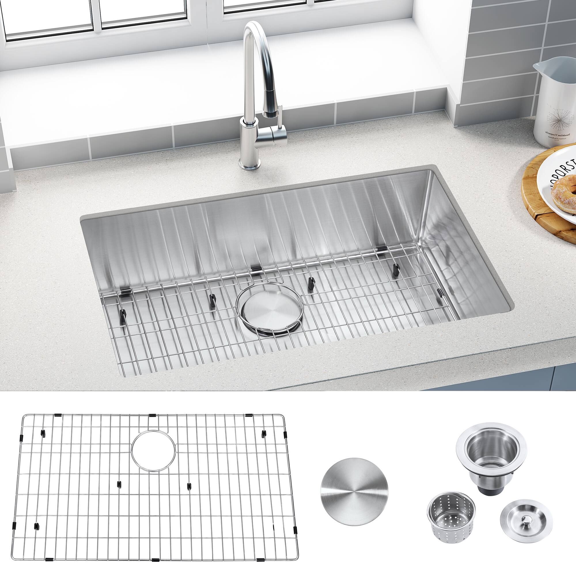Left. Akicon - Akicon 30 in. Undermount Single Bowl 18-Gauge Brushed Stainless Steel Kitchen Sink with Bottom Grid and Basket Strainer - Silver.
