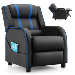 Gymax - Kids Recliner Chair Ergonomic Leather Sofa Armchair w/Footrest Side Pocket Blue - Black + Blue