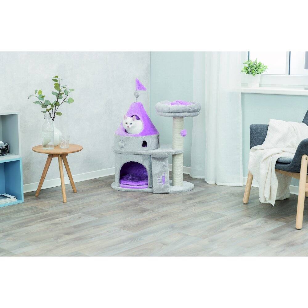 Left. TRIXIE - My Kitty Castle Plush Cat Tree, Sisal Scratching Posts, Rustling Fabric - Gray.