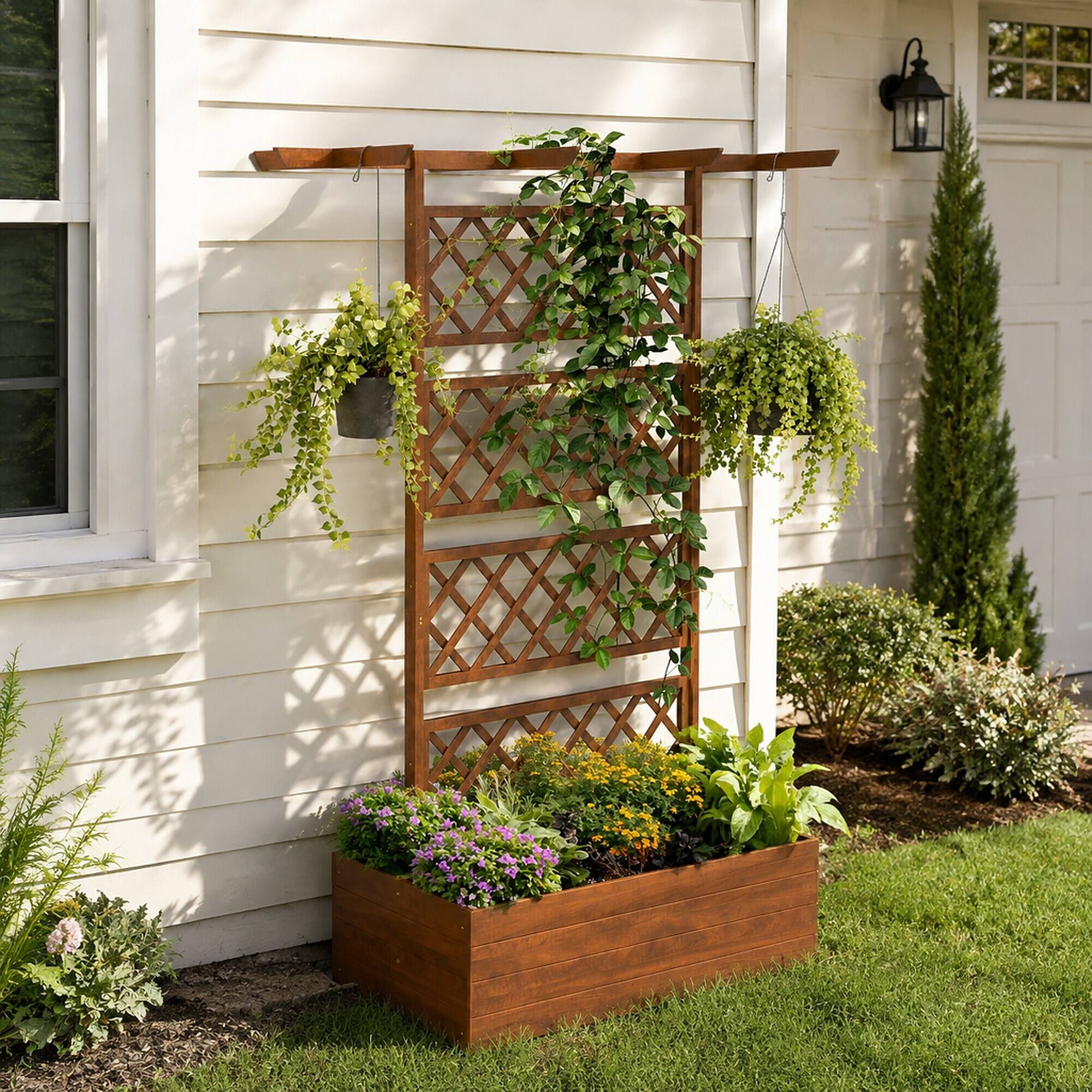 Angle. RYHNUYNE - Outsunny Wood Planter with Trellis and Roof, Raised Garden Bed for Climbing Plants, Vegetables and Flowers, Firwood - Orange.