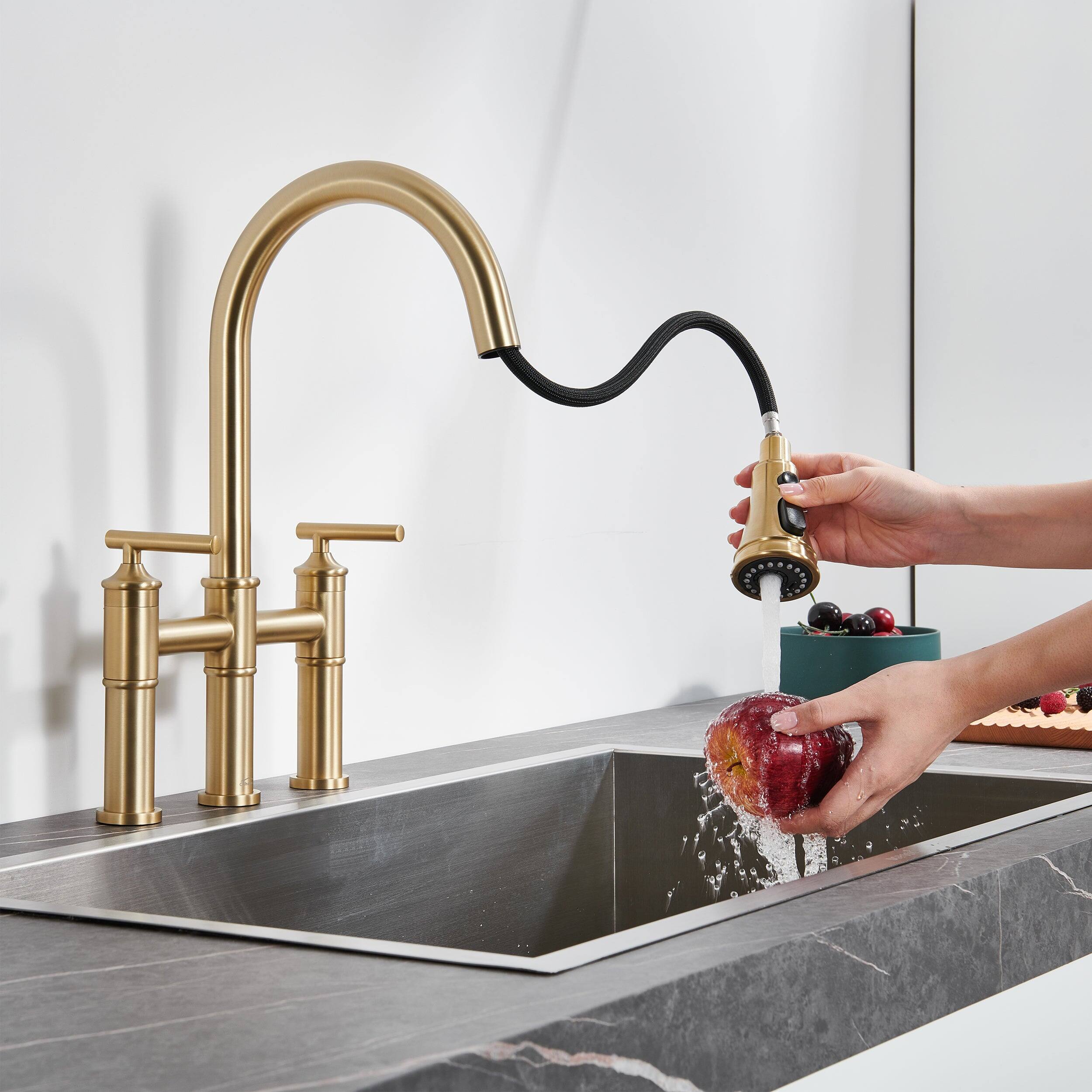 Angle. Boyel Living - Double Handle Bridge Pull-Down Kitchen Faucet with 3-Spray Patterns and 360 Degrees Rotation Spout - Brushed Gold.