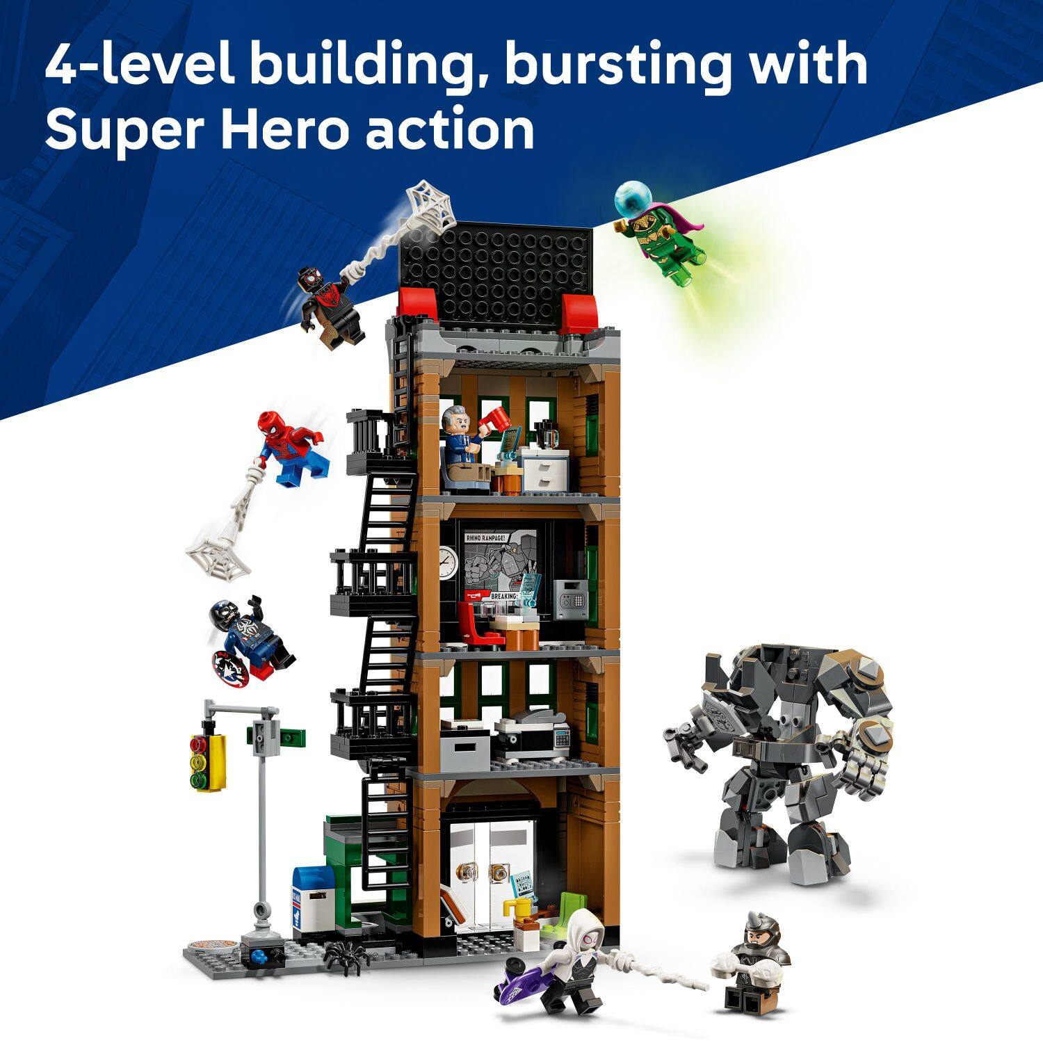 4-level building, bursting with Super Hero action