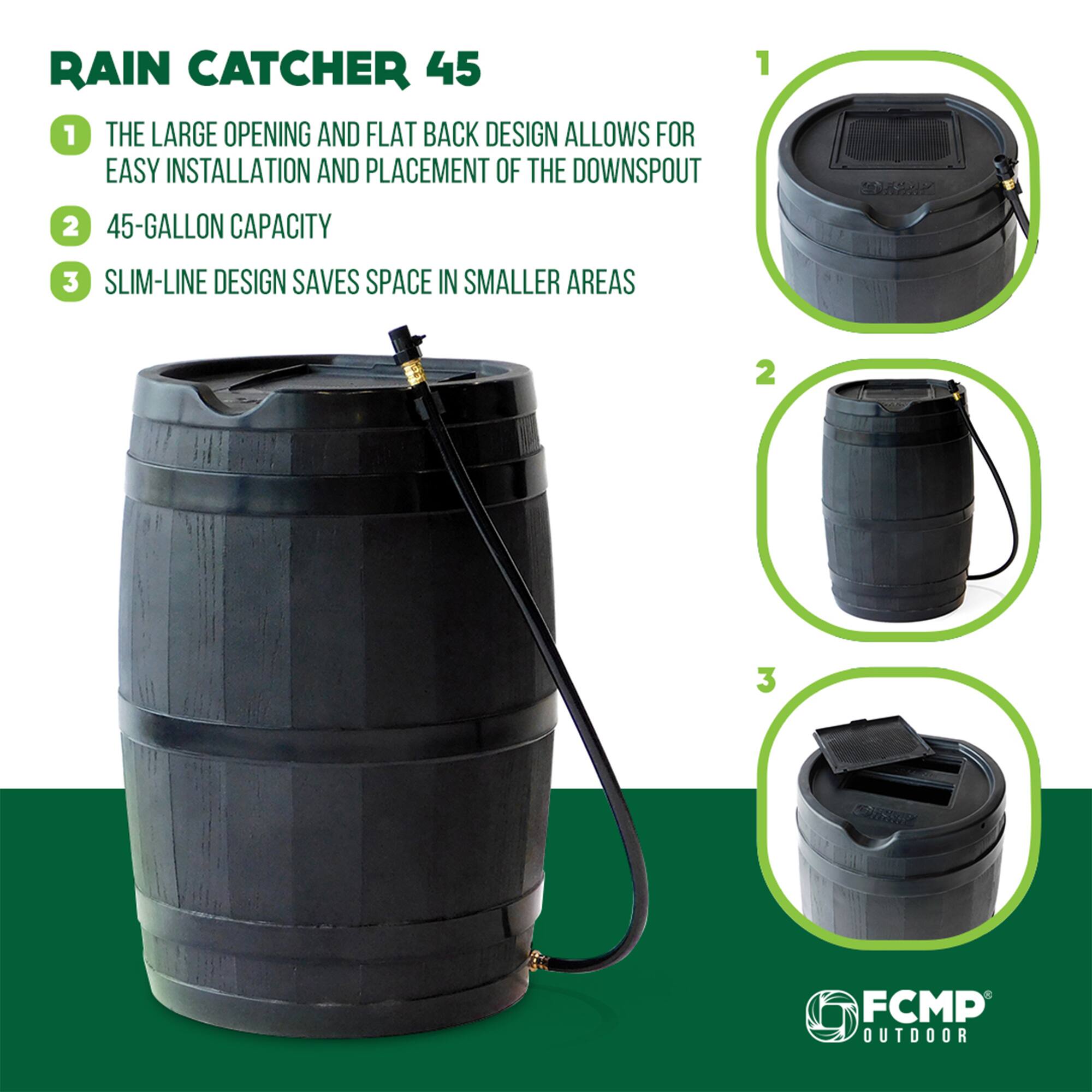 RAIN CATCHER 45

1. THE LARGE OPENING AND FLAT BACK DESIGN ALLOWS FOR EASY INSTALLATION AND PLACEMENT OF THE DOWNSPOUT
2. 45-GALLON CAPACITY
3. SLIM-LINE DESIGN SAVES SPACE IN SMALLER AREAS

FCMP OUTDOOR