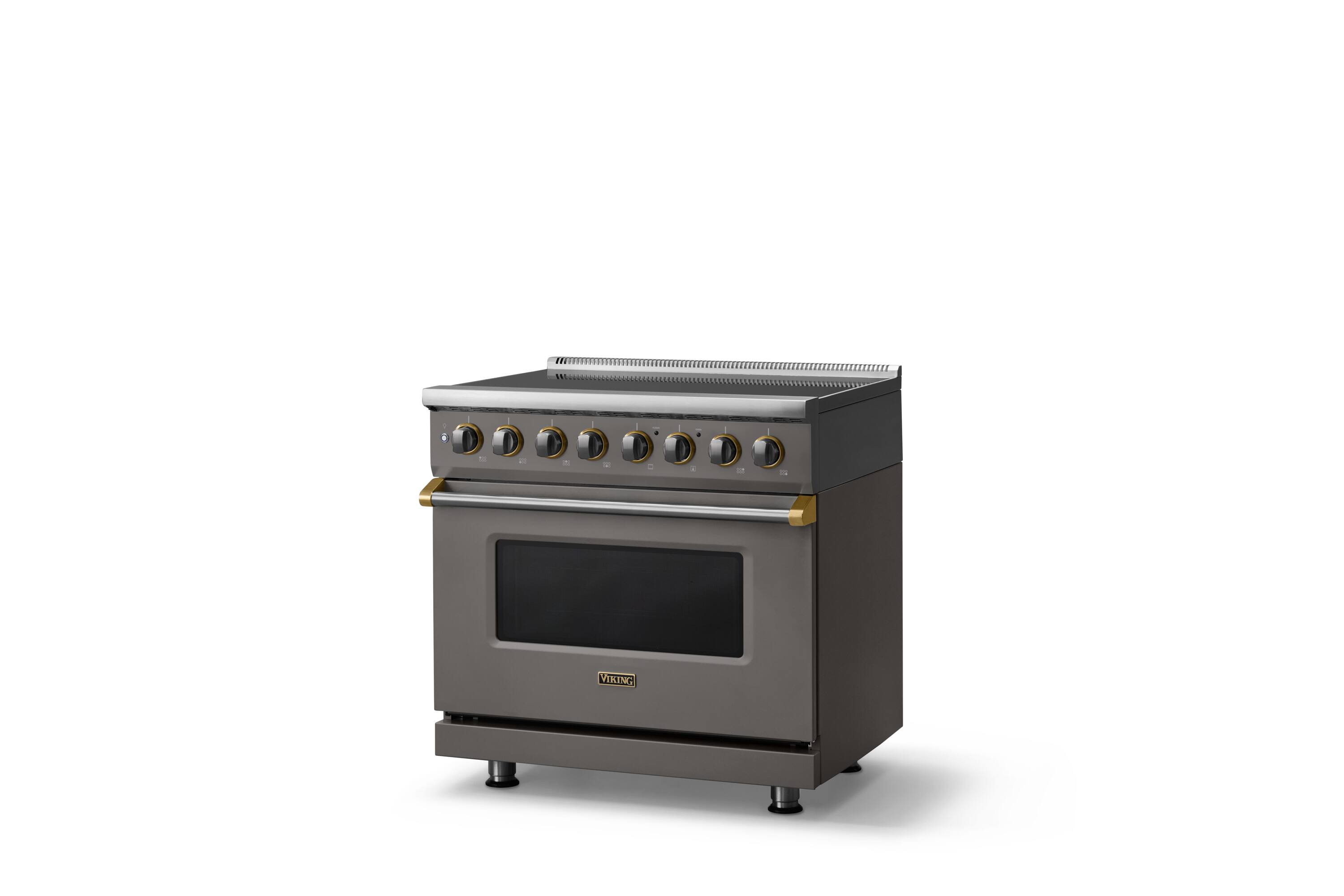 Angle. Viking - 36 in. Wide 6 Elements Pro 5 Series 5.6 Cu.Ft. Freestanding Induction Convection Range with Brushed Brass Trim - Damascus Gray.