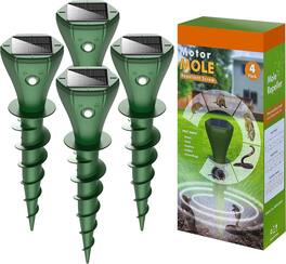 4 Pack Solar Mole and Gopher Repellent Stakes Waterproof Sonic Vibration Repels Groundhogs Voles Snakes
